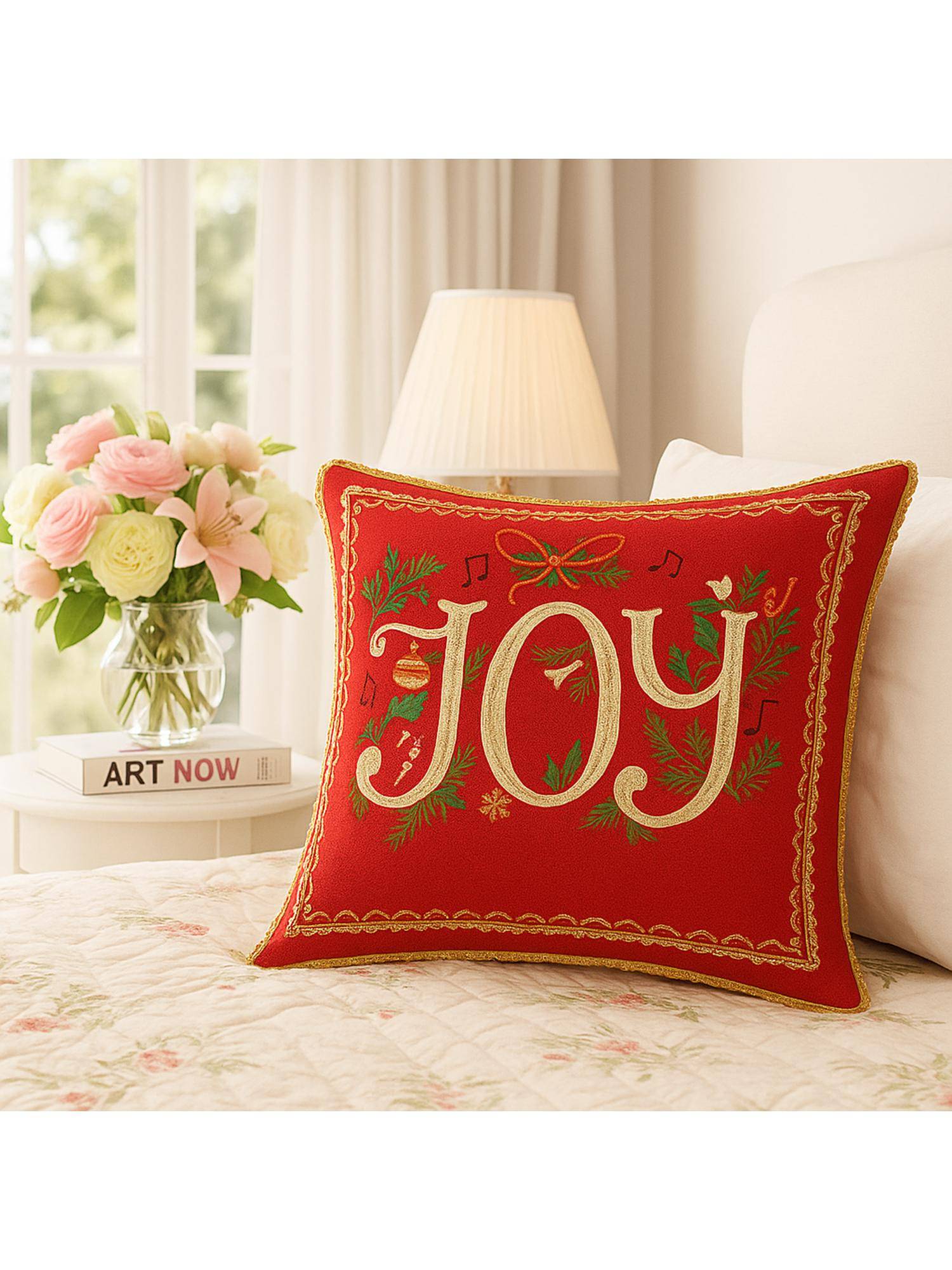 THROW PILLOW Joy Print Golden Fringe Cushion Cover (16X16 Inches)