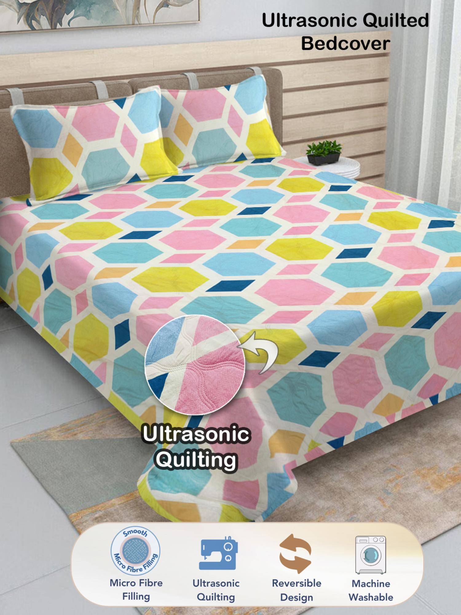FABINALIV Geometric Blend Ultrasonic Quilted Reversible Bedcover with 2 Quilted Pillow Covers (King)