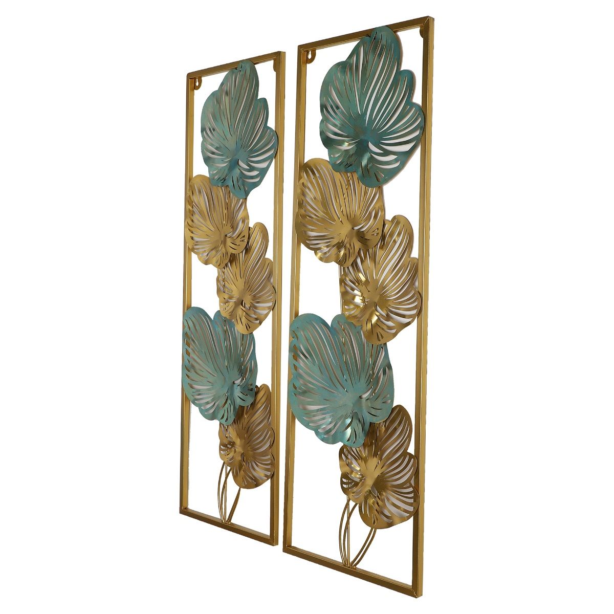 Amaya Decors Green & Gold Etching Leaves Rectangular Wall Decor Set of