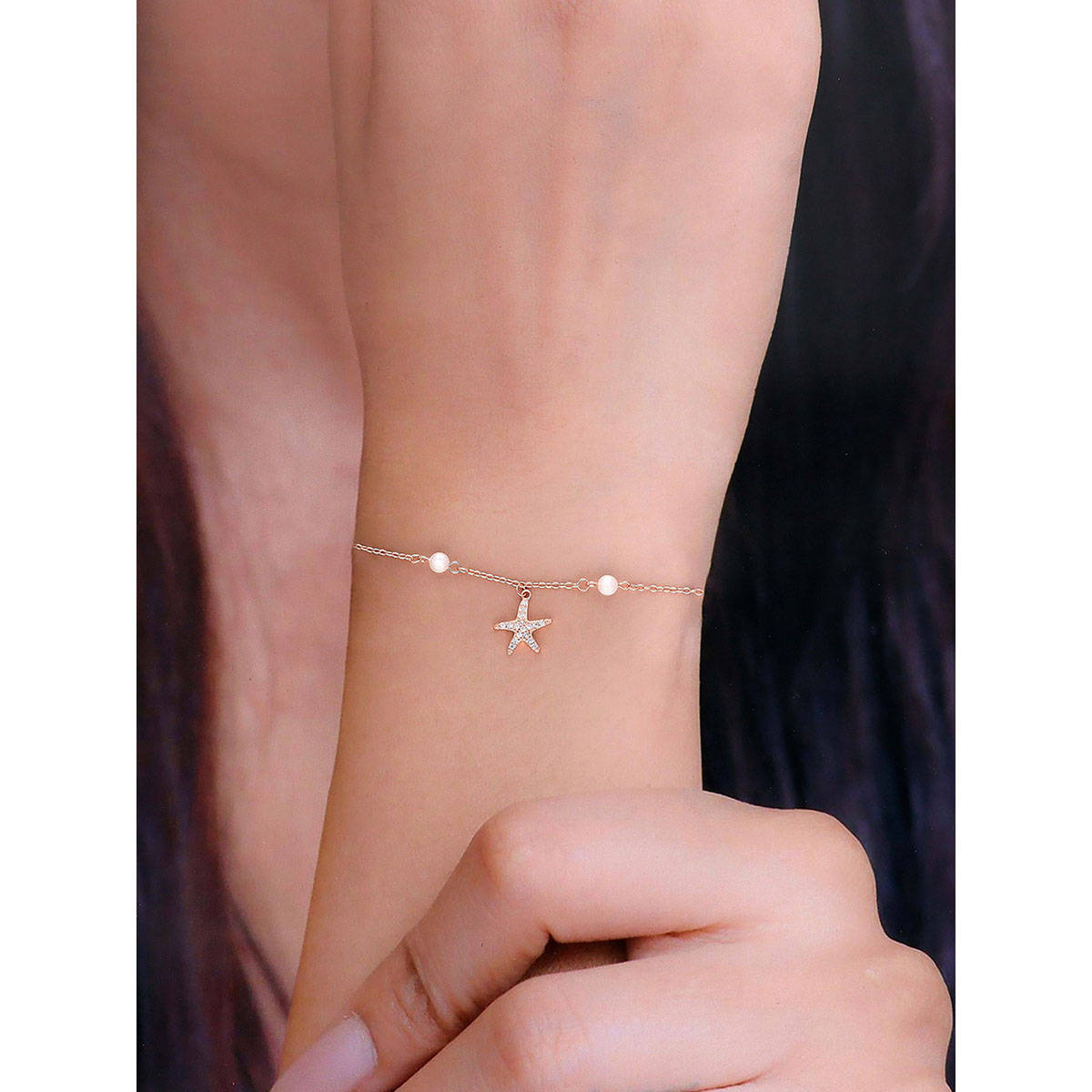 Kai Jewel Sterling Silver Rose Gold Star Kissed Pearls Charm Bracelet