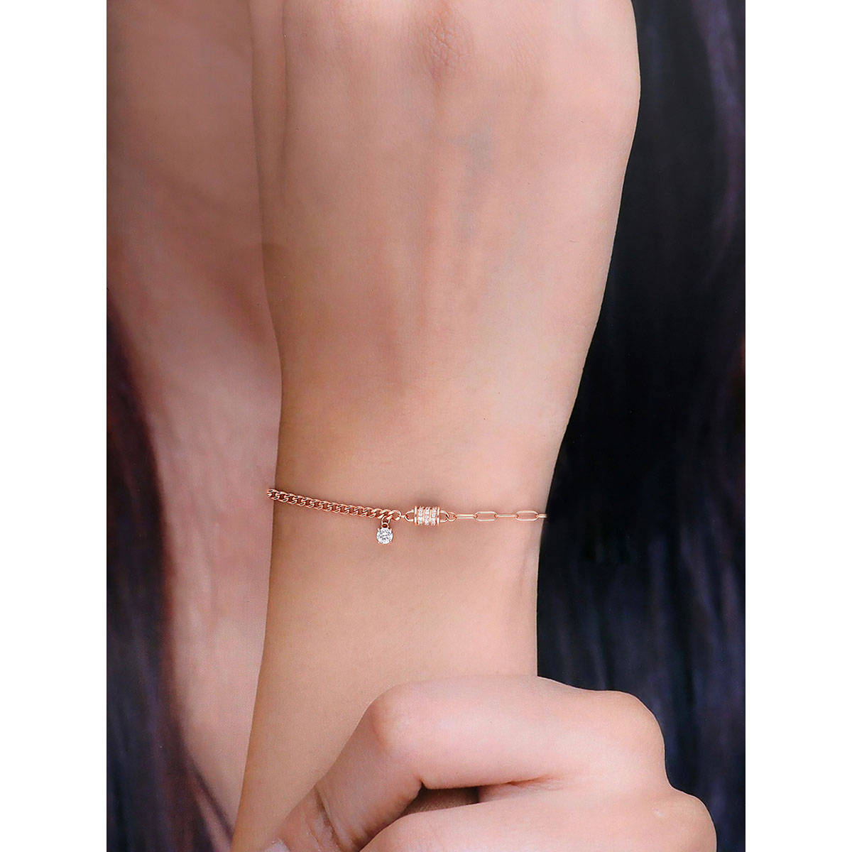Kai Jewel Sterling Silver Rose Gold Link Chain Zircon Charm Bracelet