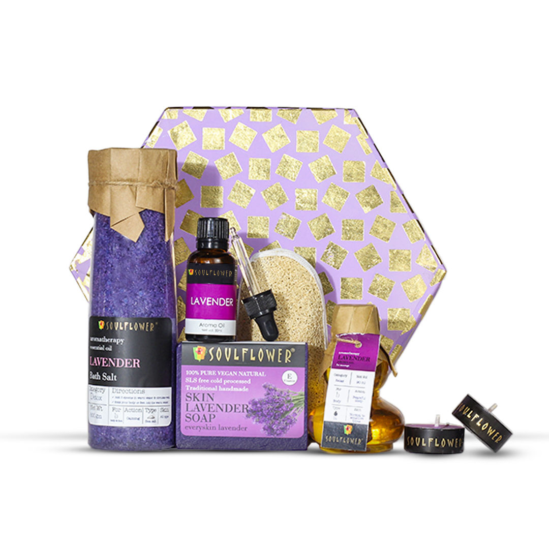 Soulflower Lavender Hexagon Bath Skincare Gift Kit, Diwali Gift Sets & Combo Kits For Men Women