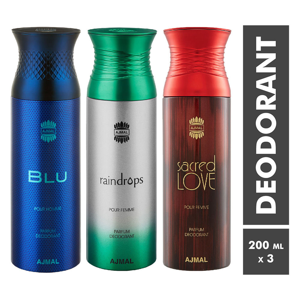 Ajmal Blu, Raindrops & Sacred Love Parfum Deodorant For Men and Women - Pack Of 3