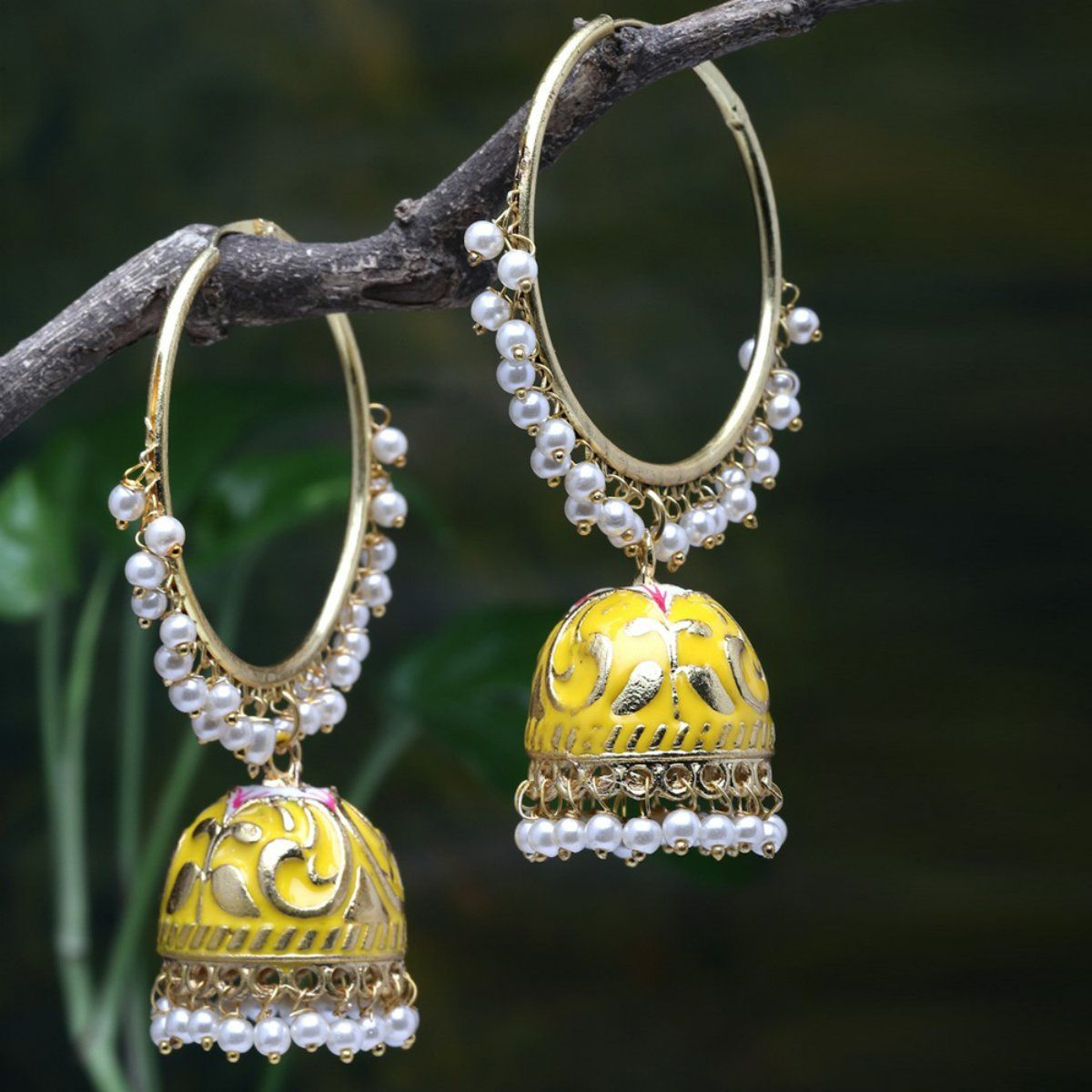 Moedbuille Pearls Studded Handpainted Yellow Meenakari Work Gold Plated