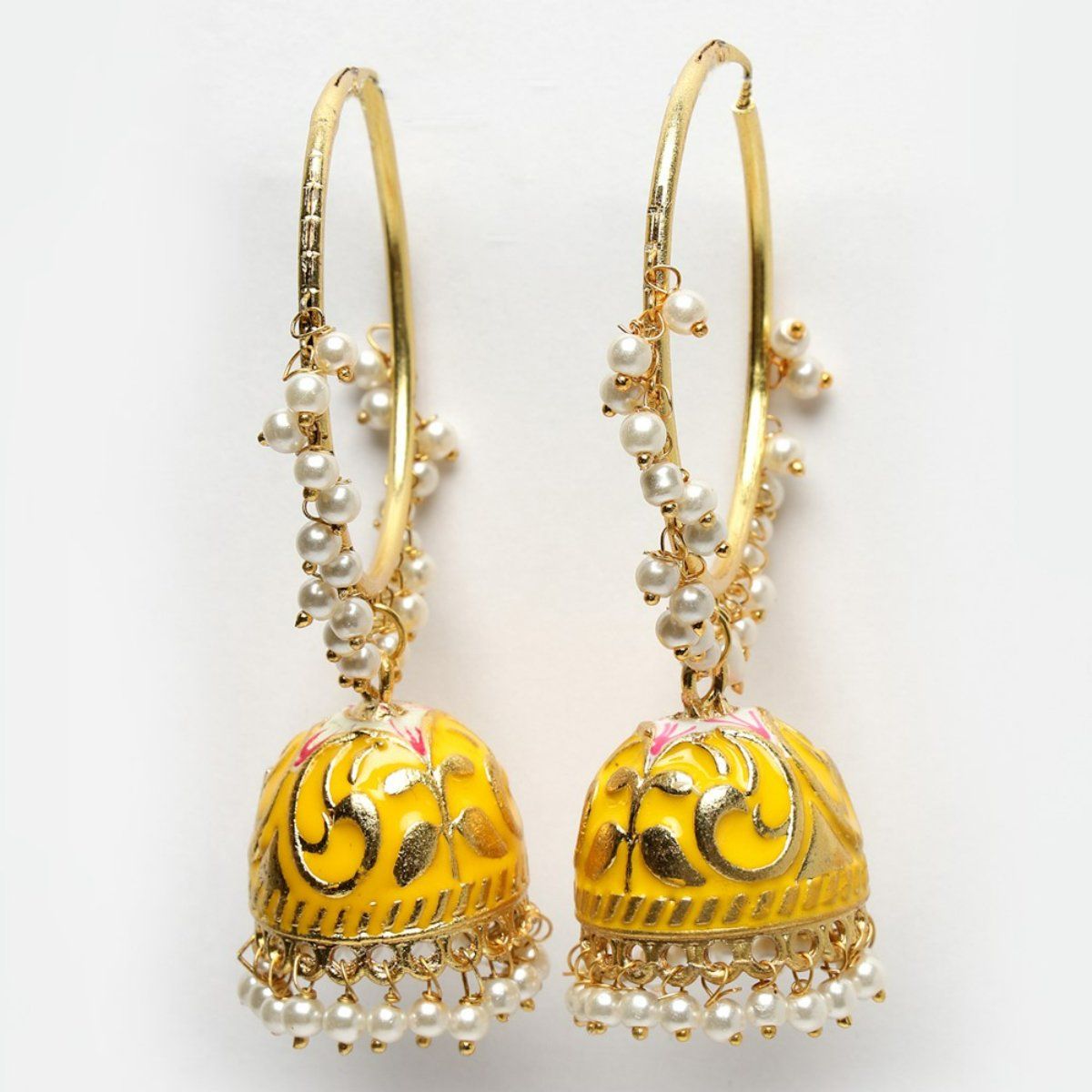 Moedbuille Pearls Studded Handpainted Yellow Meenakari Work Gold Plated