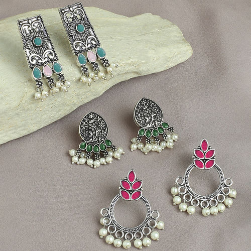 OOMPH Combo of Oxidised Silver Ethnic Drop Earrings Pink, Maroon Green