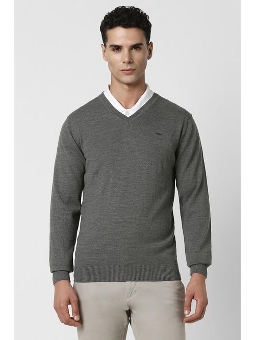 Van Heusen Men Grey Solid V Neck Sweater