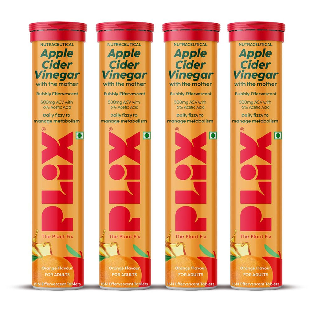 Plix Apple Cider Vinegar Effervescent Tablets with Vitamin B6 & B12, Pack of 4 - Orange