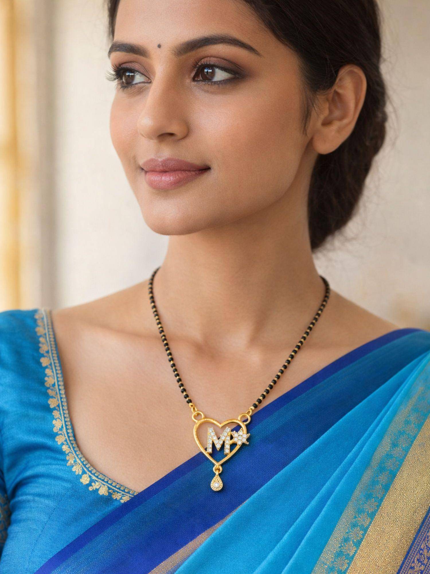 Digital Dress Room Short Mangalsutra Designs With Husband Initial Custom M Alphabet Pendant