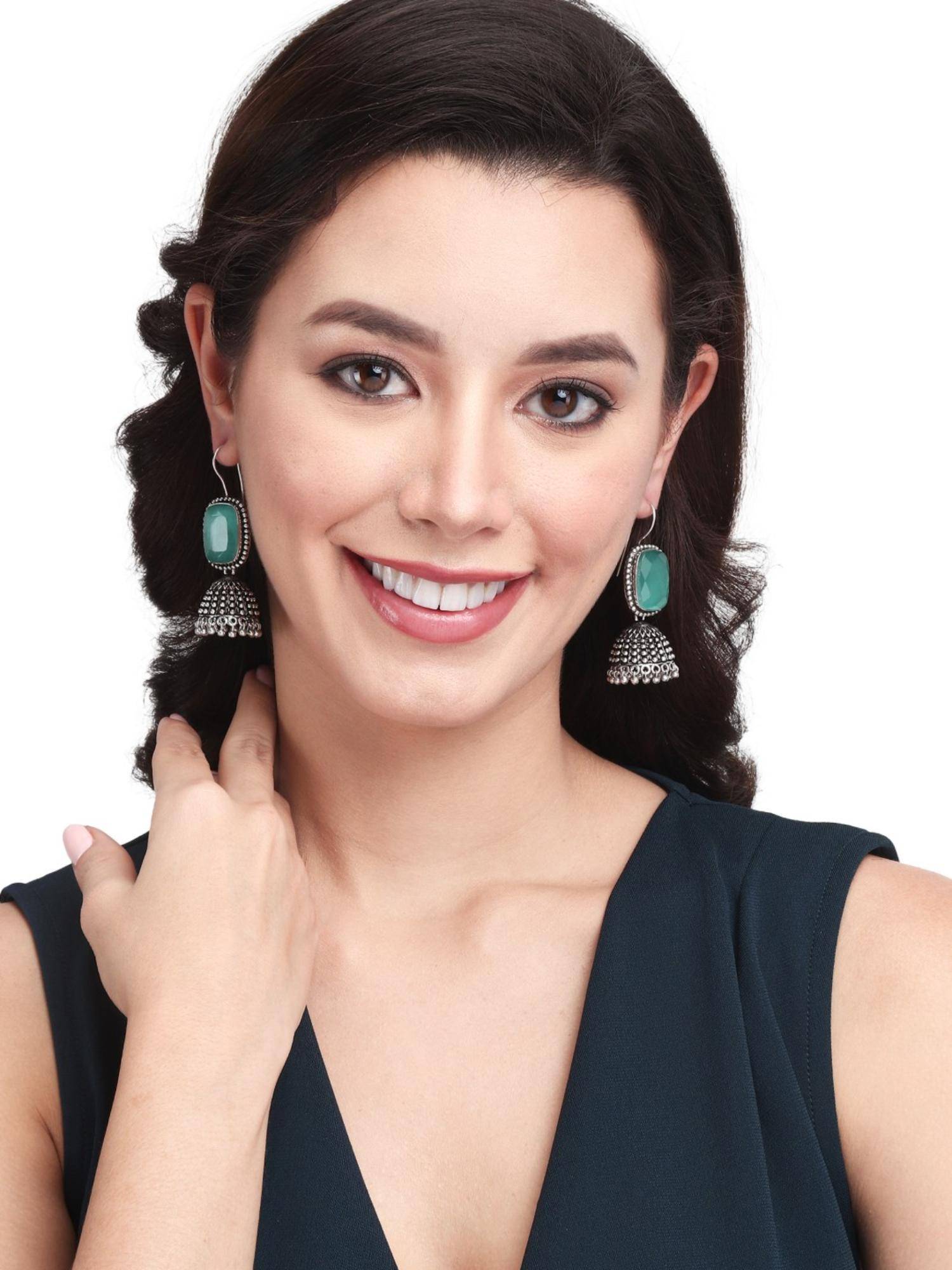 Anvik Oxidised Silver Green Cabochon Jhumkas