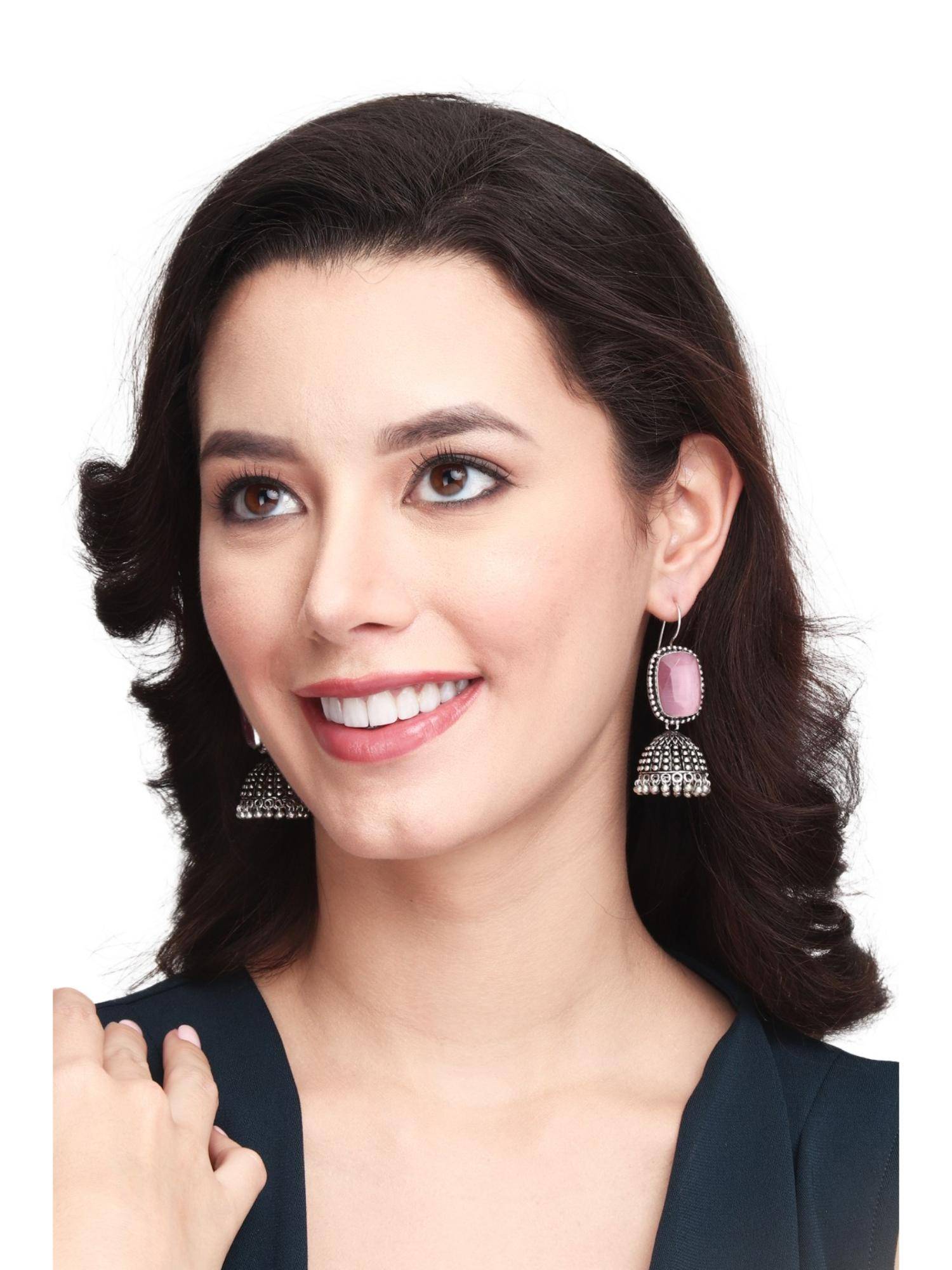 Anvik Oxidised Silver Pink Cabochon Jhumkas