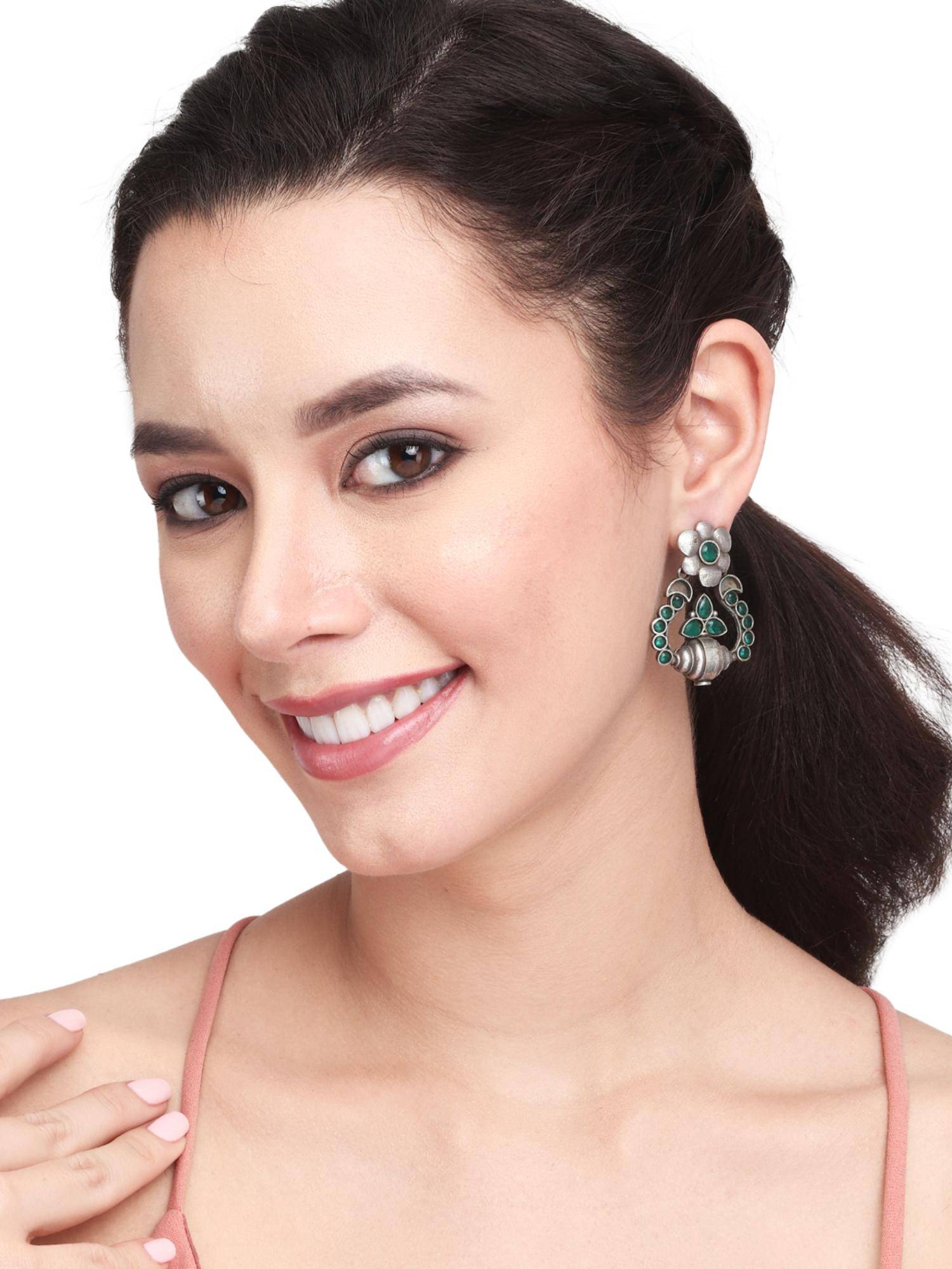 Anvik Oxidised Brass Emerald Floral Drop Earrings