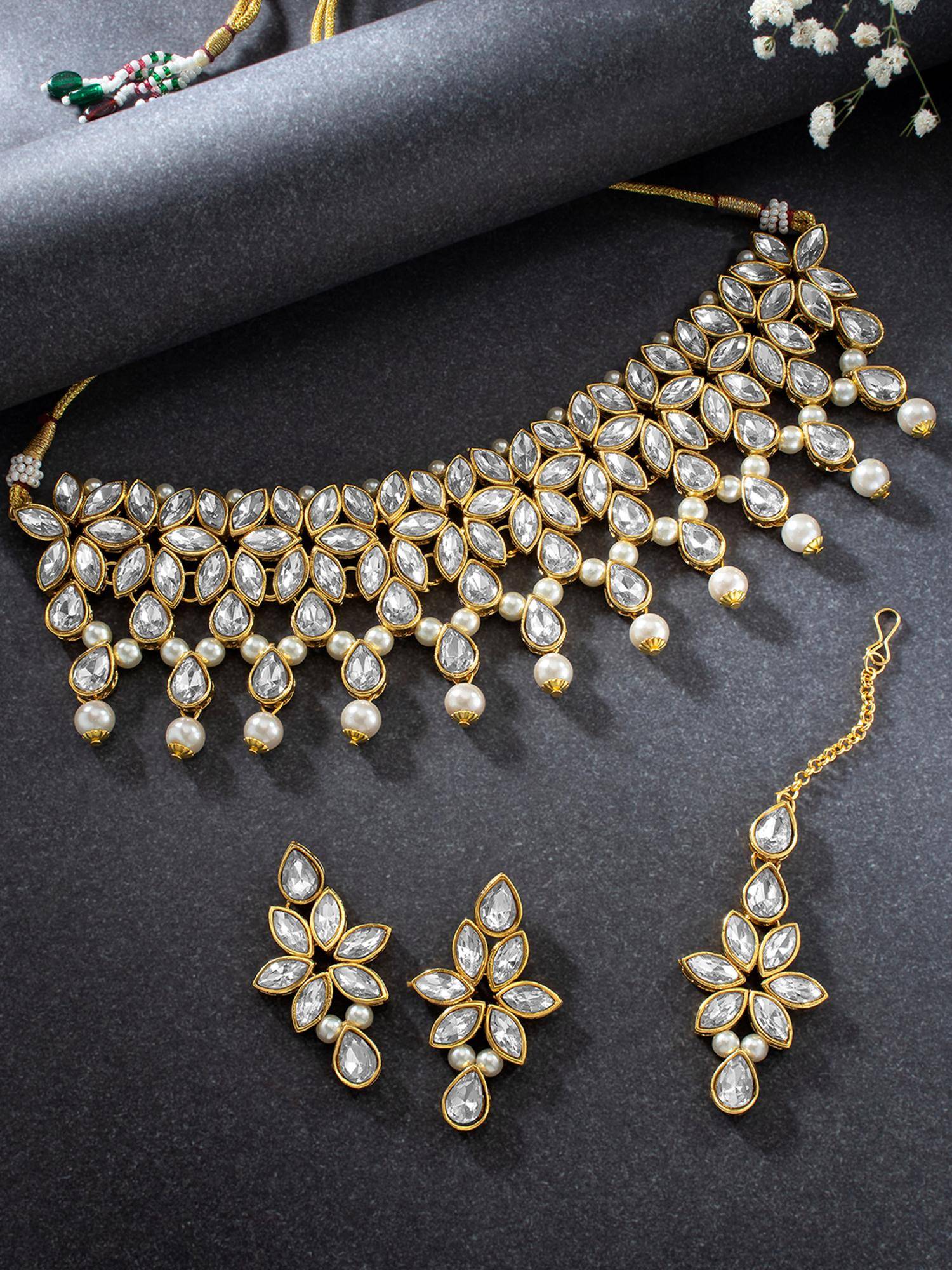 Peora Gold Plated White Crystal Jewellery Set