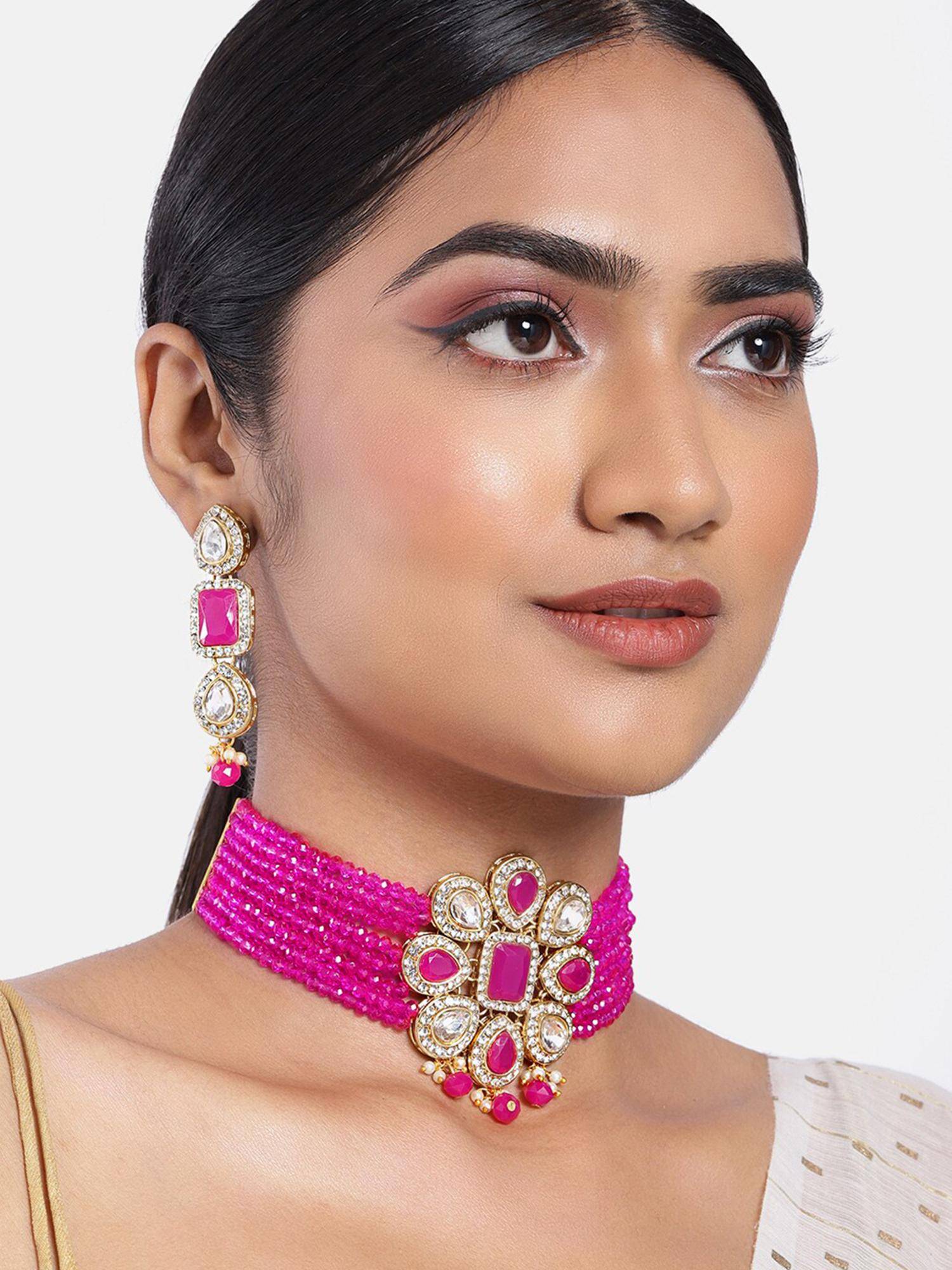 Peora Pink Crystal Beaded Adjustable Choker Necklace Earring