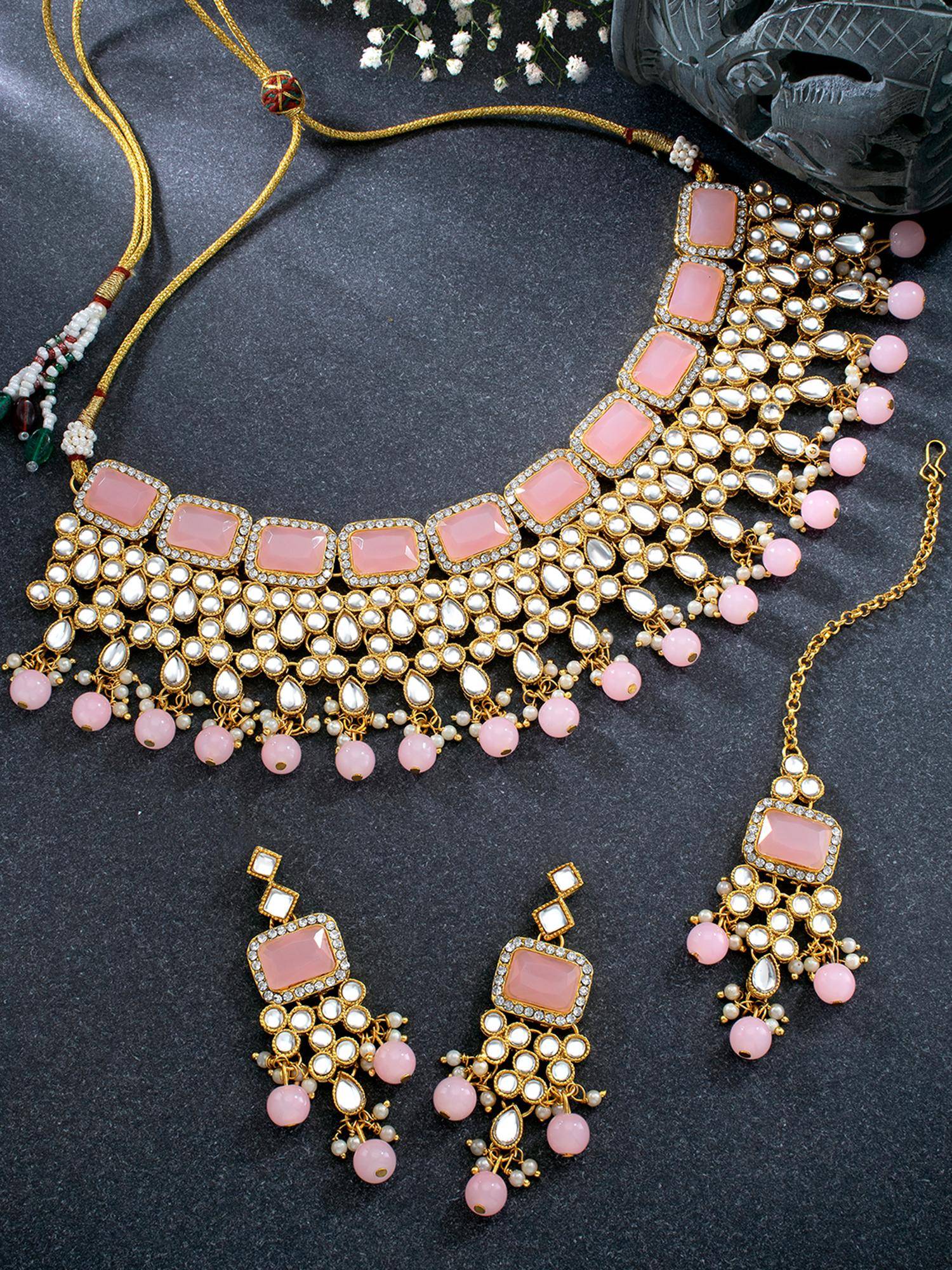 Peora Pink Traditional Kundan Choker Necklace and Earrings with Maang Tikka