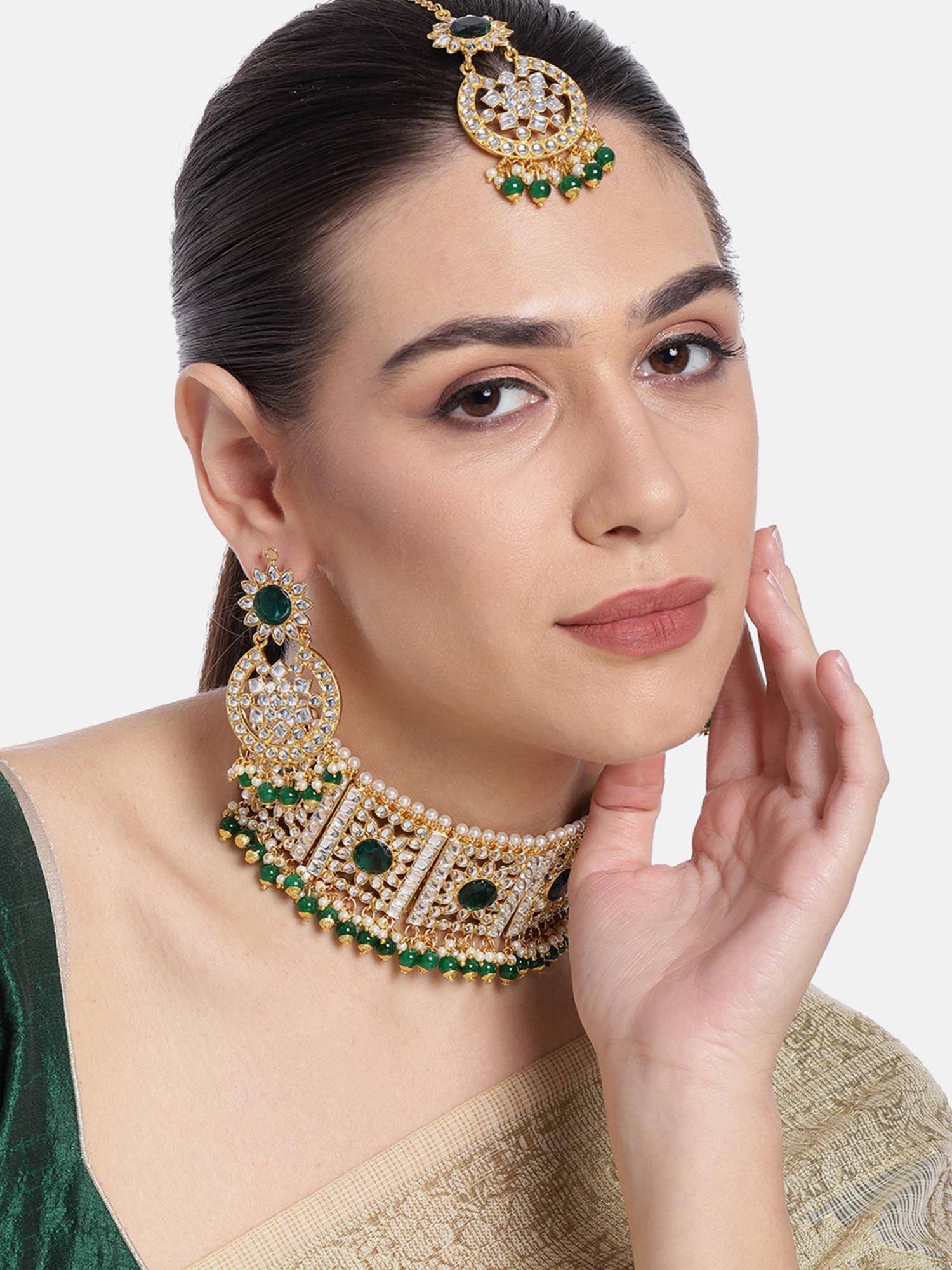 Peora Green Crystal Choker Floral Necklace and Chandbali Earrings with Maang Tikka