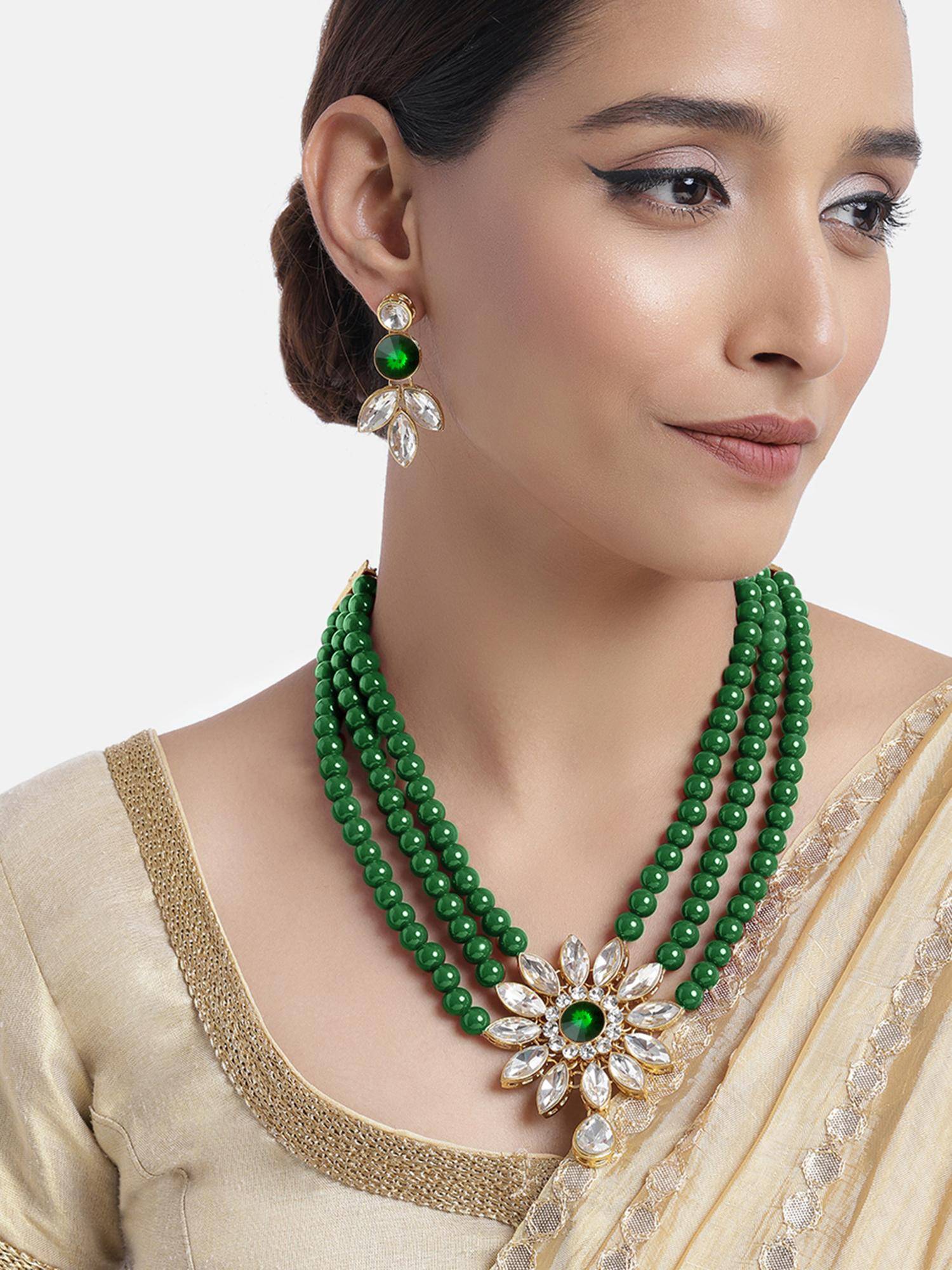 Peora Floral Crystal Stone Green Pearl Ethnic Kundan Necklace with Earrings