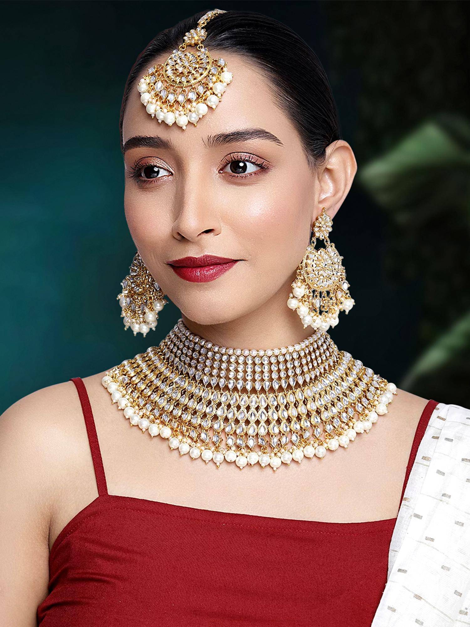 Peora Traditional Kundan Beads Bridal Necklace and Earrings with Maang Tikka