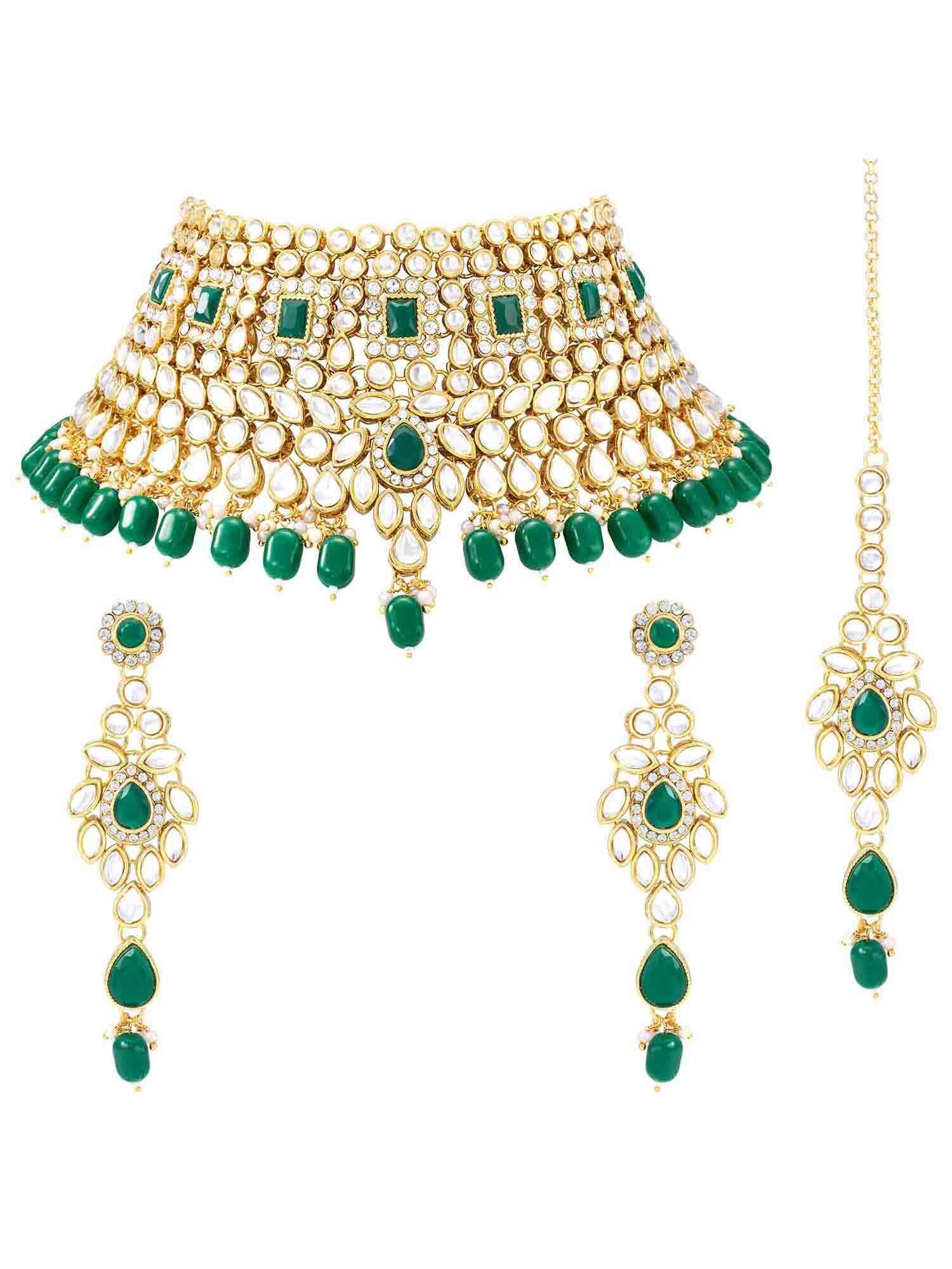 Peora Ethnic Green Kundan Pearl Bridal Choker Necklace and Earrings with Maang Tikka