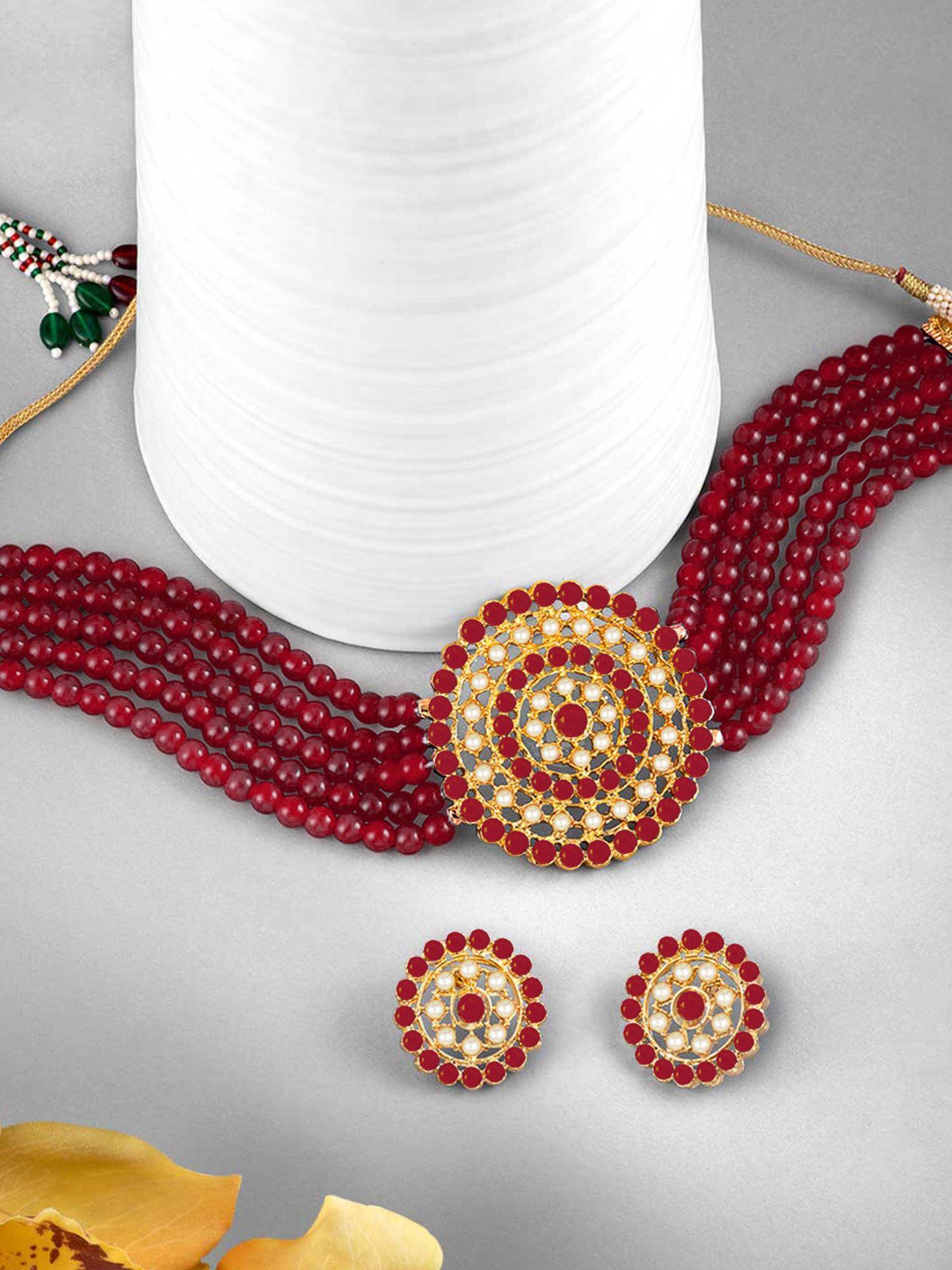 Peora Beads and Kundan Studded Choker Necklace with Round Earrings