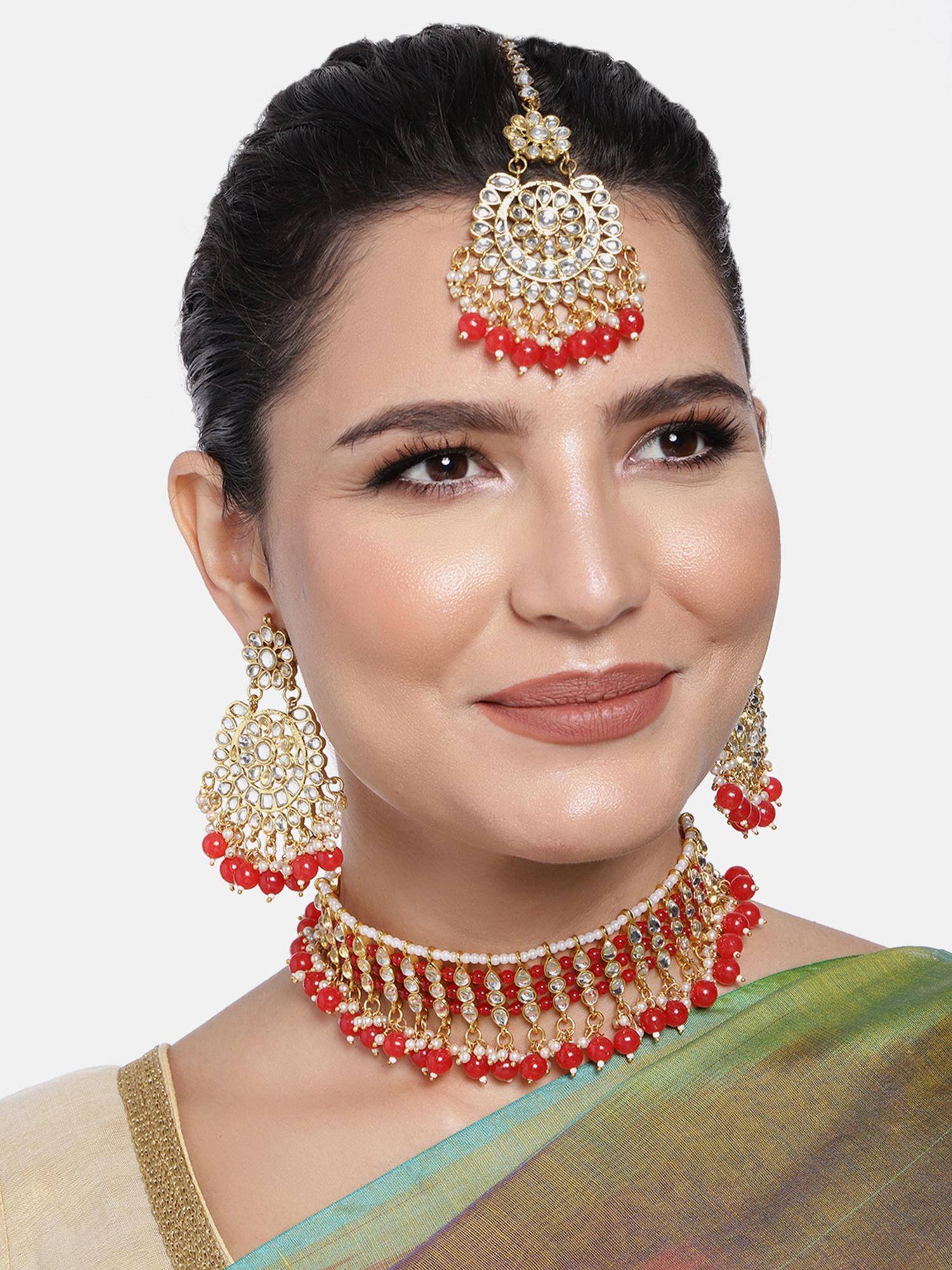 Peora Gold Plated Kundan Pearl Red Choker Necklace and Earrings with Maang Tikka for Women