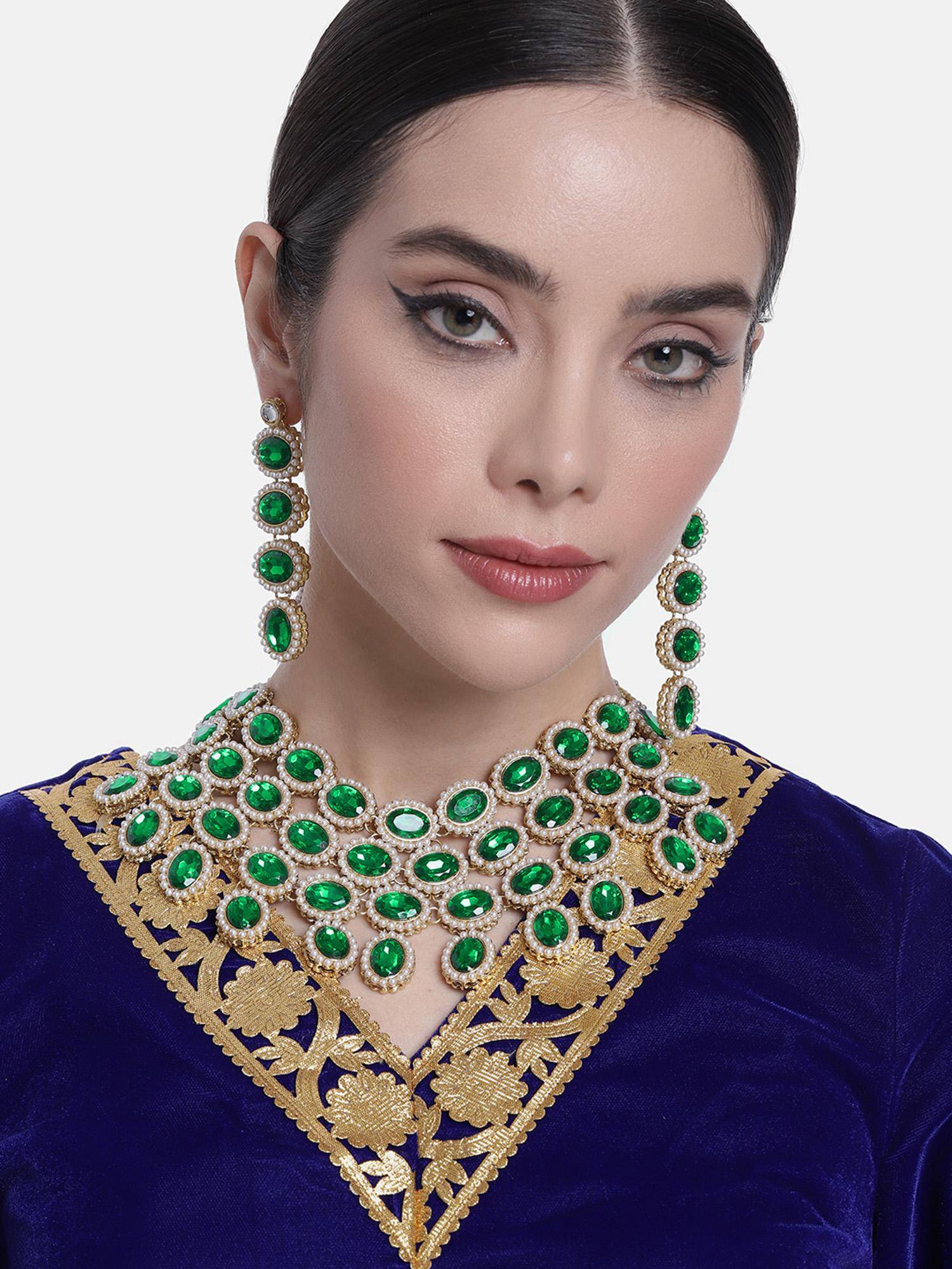 Peora Gold Plated Green Kundan Necklace and Dangling Earrings for Women