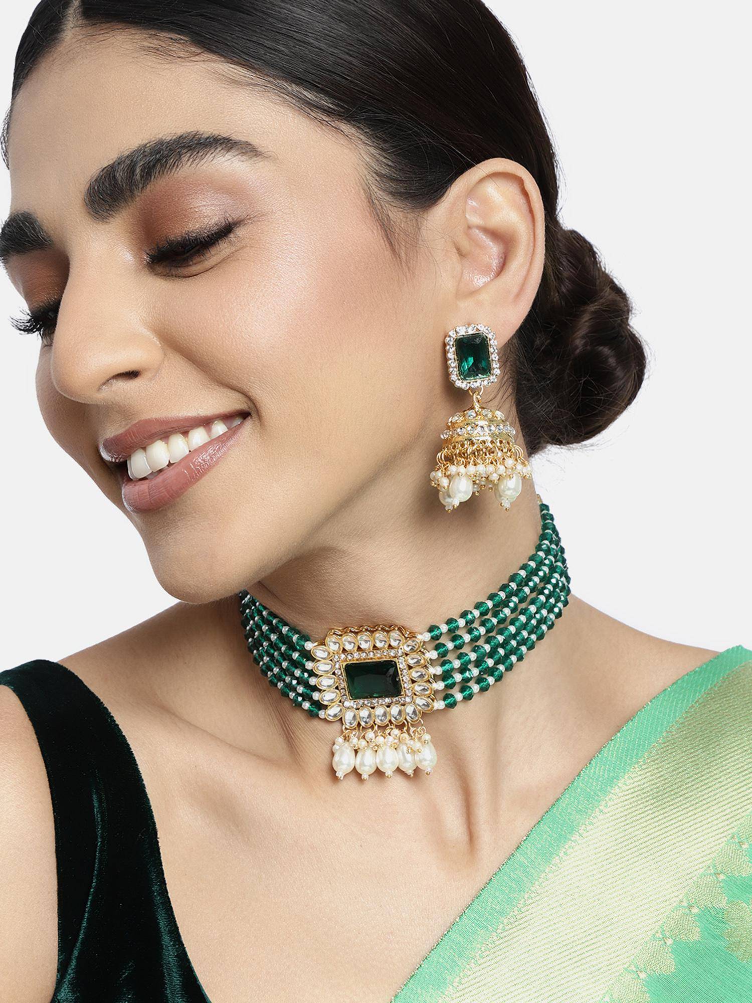 Peora Kundan Dangling Pearls Green Choker Necklace with Earrings