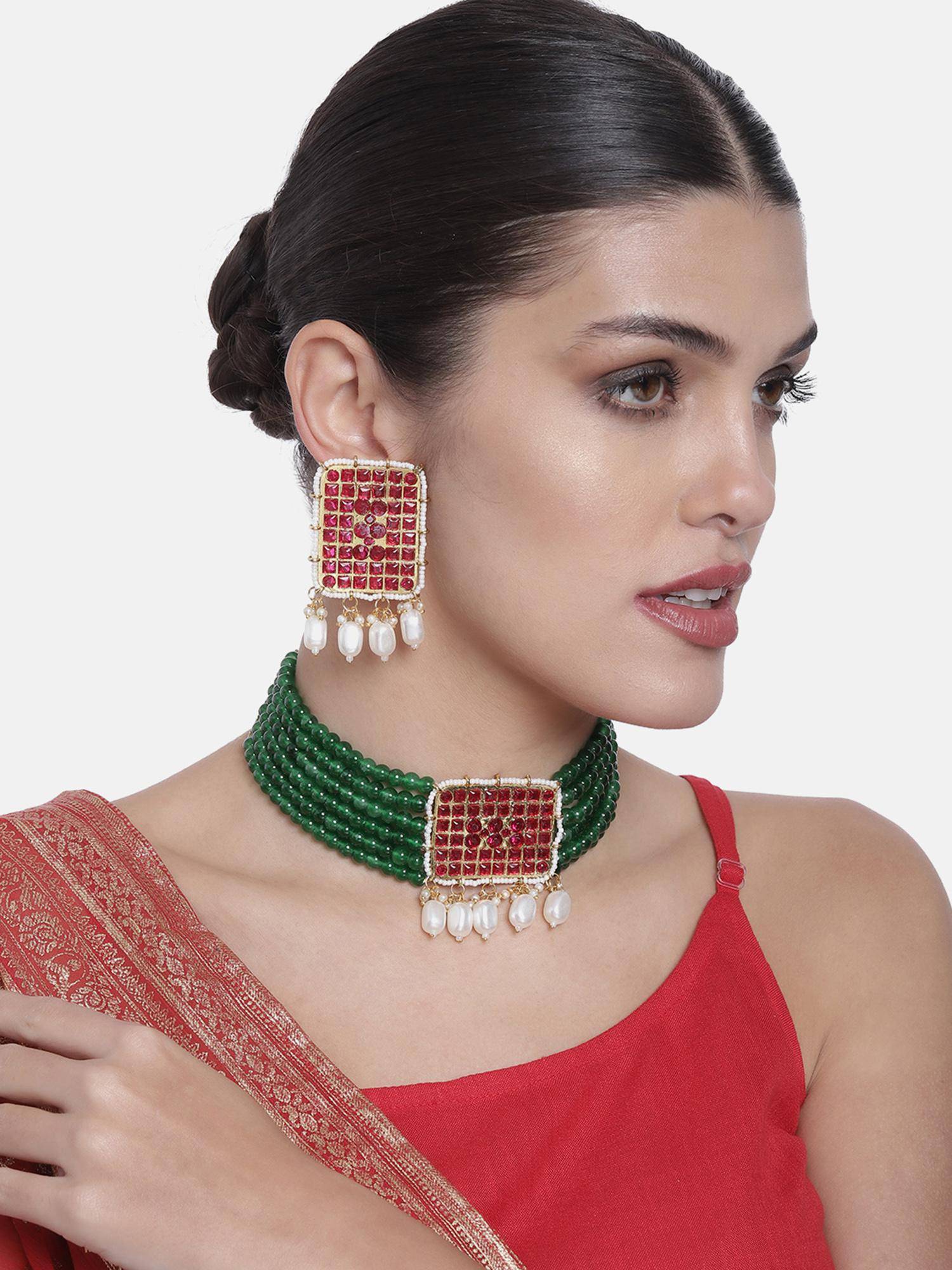 Peora Rani Pink Green Pearls Beaded Choker Necklace with Earrings