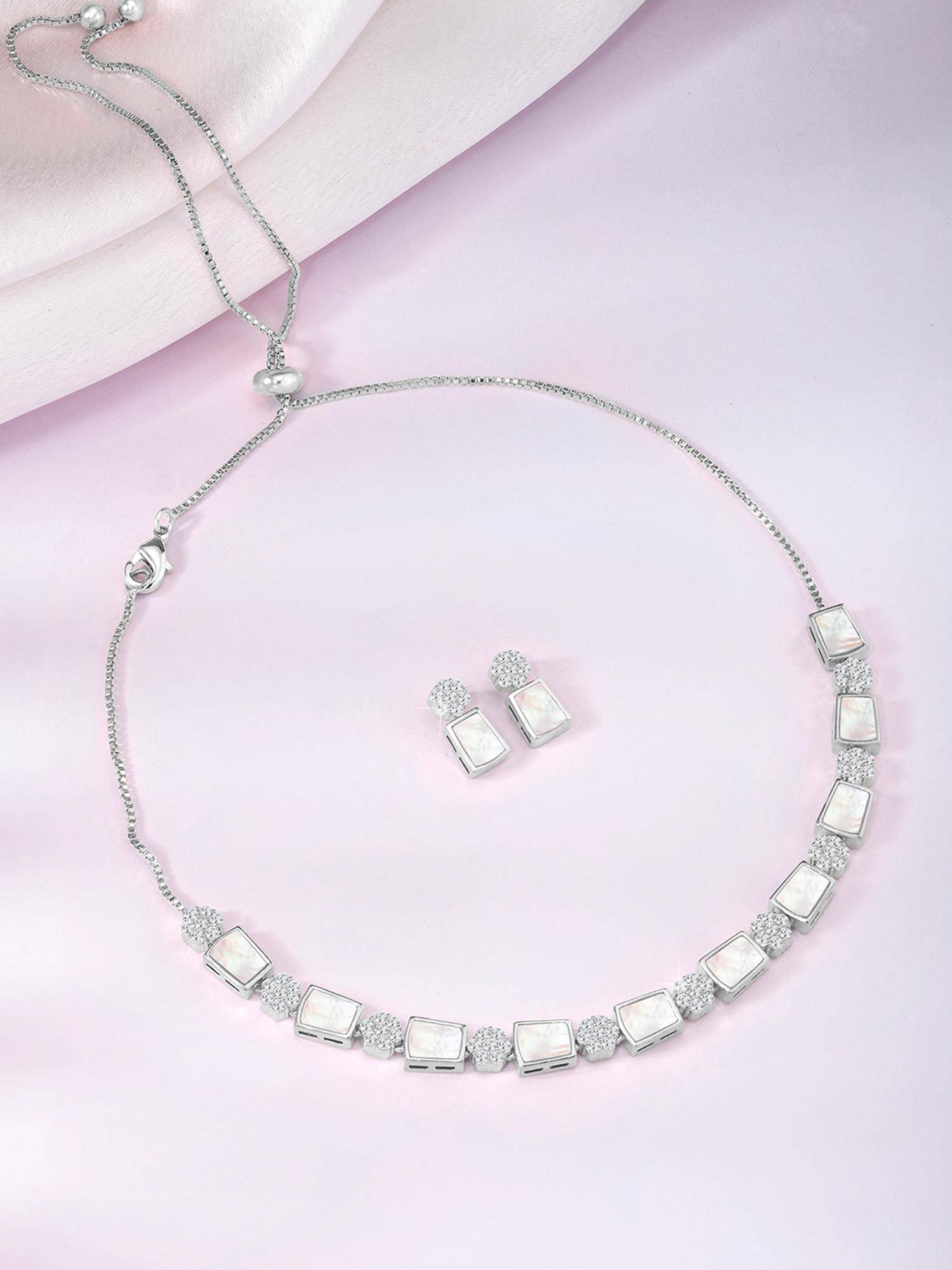 Peora Silver Plated Cz and Mother Of Pearl Studded Necklace Drop Earrings for Women
