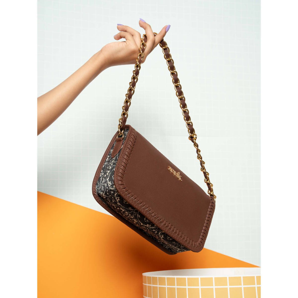 Zouk Women Black Lattice Lace Aalya Baguette Handbag