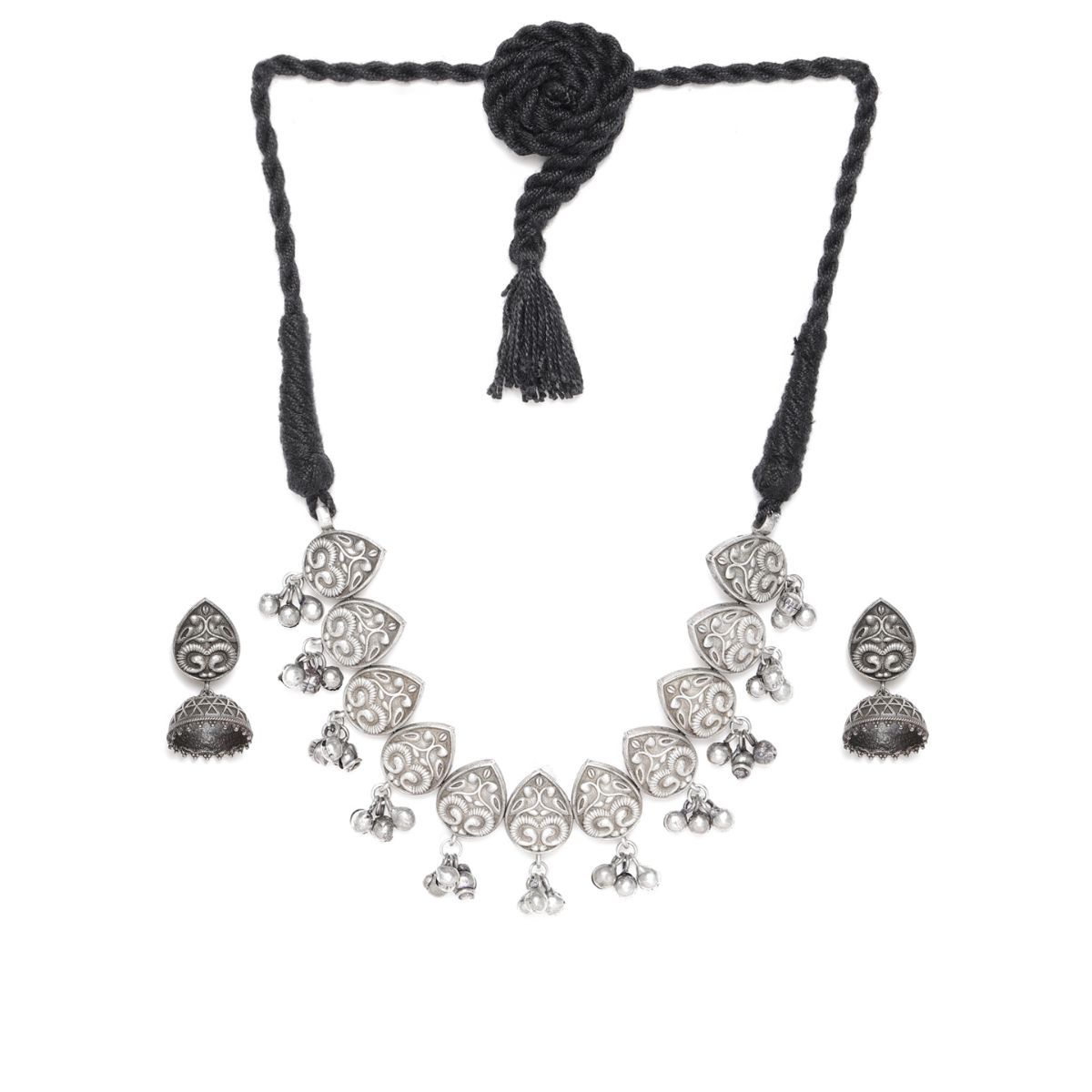 I Jewels Women's Oxidised Silver Floral Ghungroo Choker Necklace & Earring Set - Ethnic Jewelry - View #3