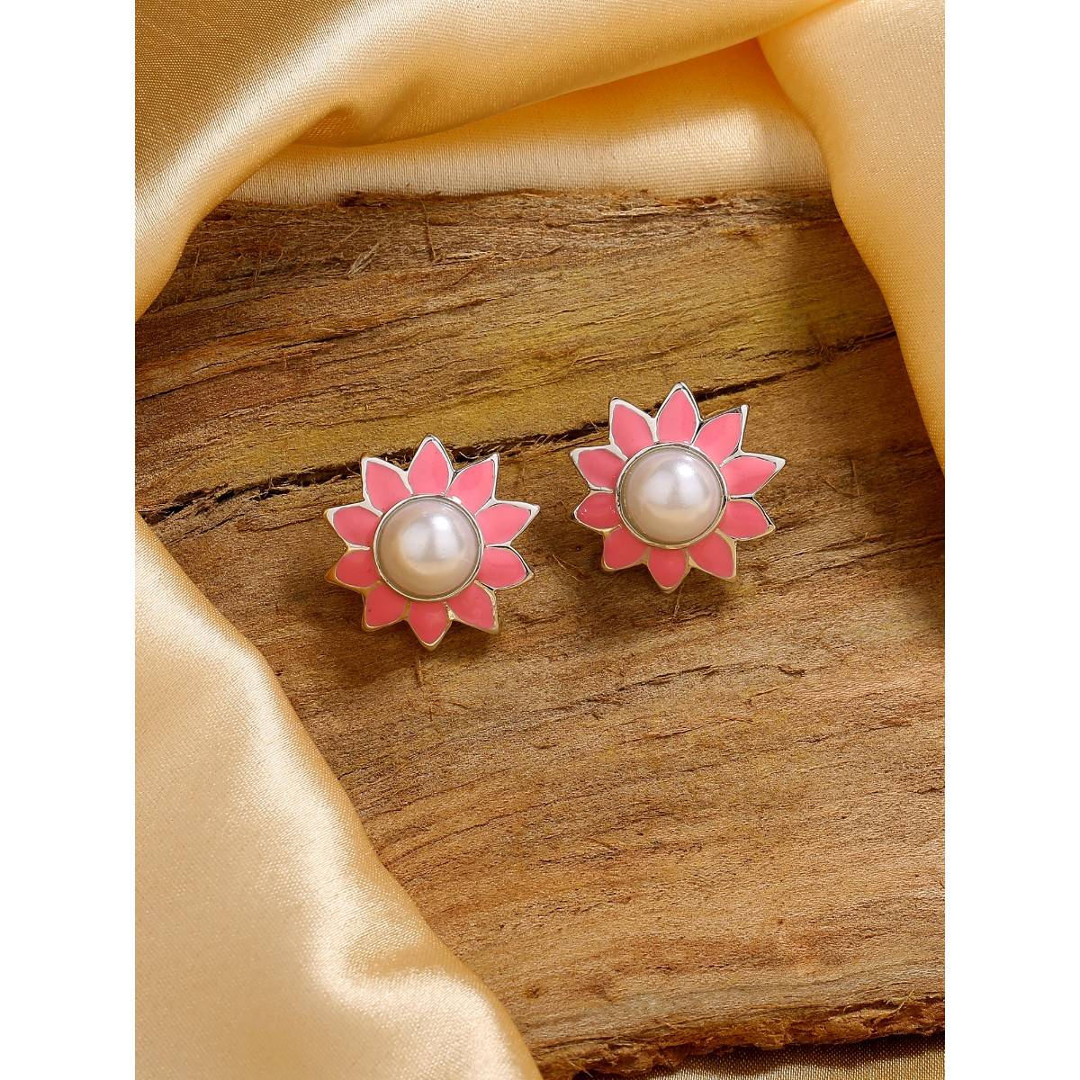 Estele Rhodium Plated Lovely Pearl Stud Earrings with Pink Enamel for Women