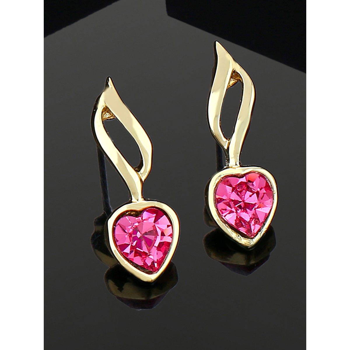 Estele Gold Plated Heart Shaped Earrings with Pink Crystal for Women