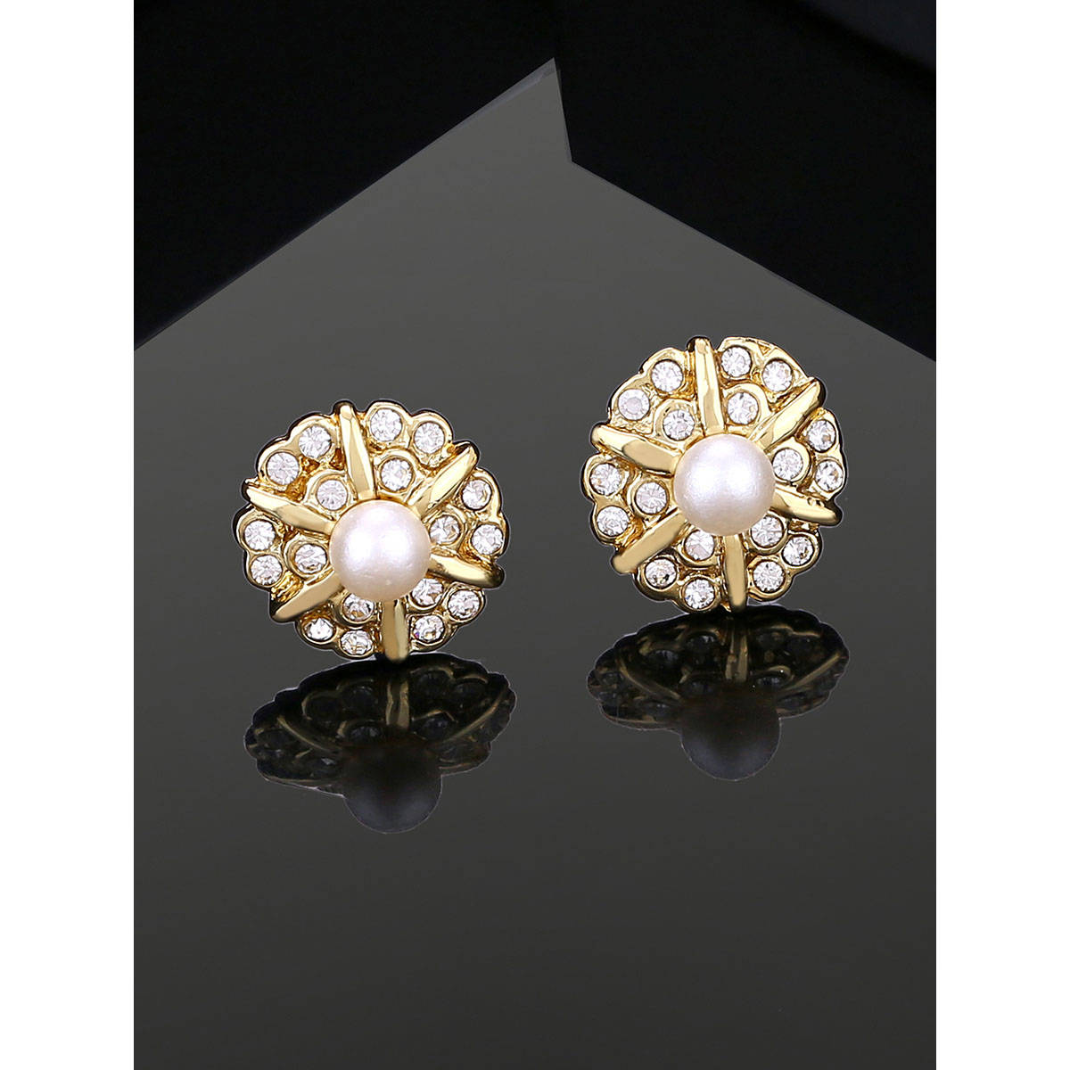 Estele Gold Plated Flower Designer Stud Earrings with White Pearl & Crystal for Girl & Women