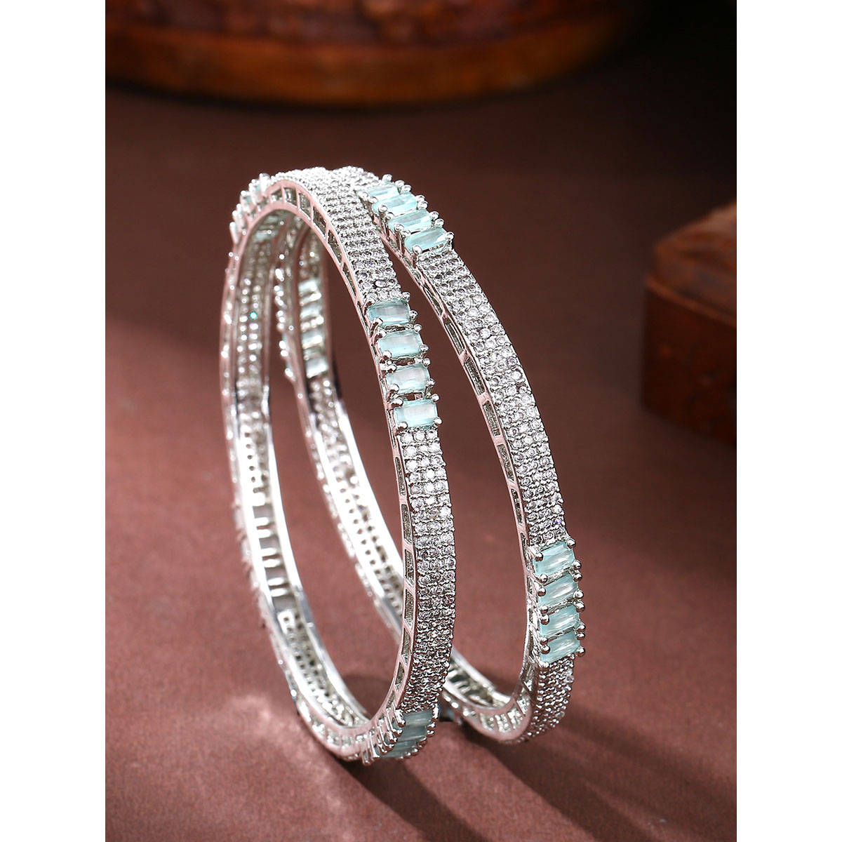 Estele Rhodium Plated CZ Sparking Bangles with Mint Green Crystals for Women
