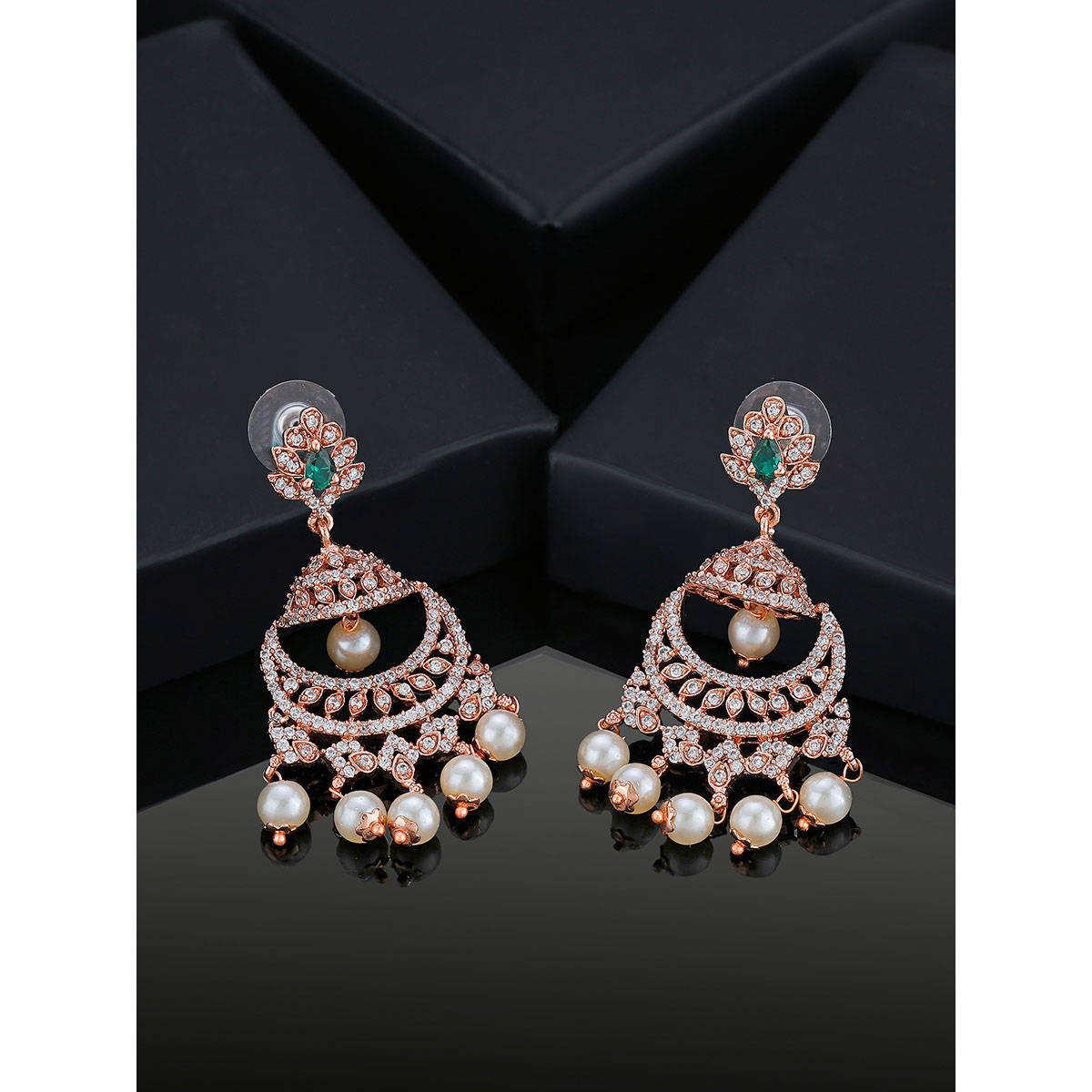 Estele Rose Gold Plated CZ Enchanting Leaf Designer Earrings with Stones & Pearls for Women