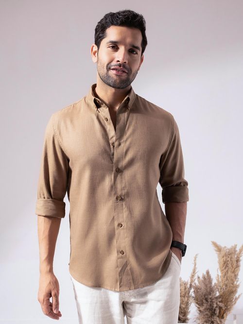 Buy Perch Men Brown Linen Cotton Button Down Solid Shirt Online