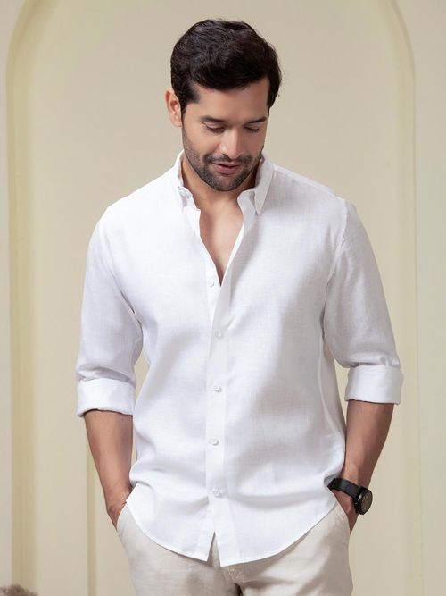 Perch Men White Linen Cotton Button Down Solid Shirt
