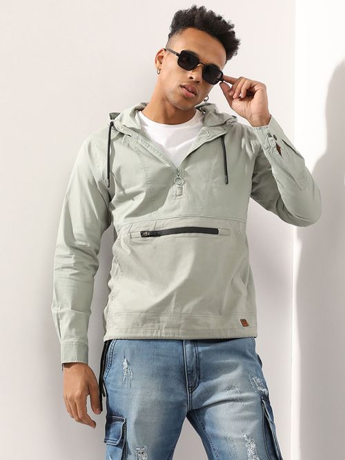 Campus Sutra Men'S Sage Green Half Zip Utility Jacket With Contrast  Drawstring