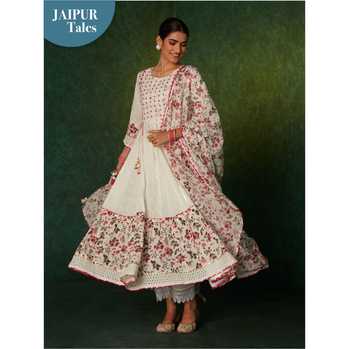 Likha by Nykaa Fashion White Schiffli Mirror Work Anarkali Set