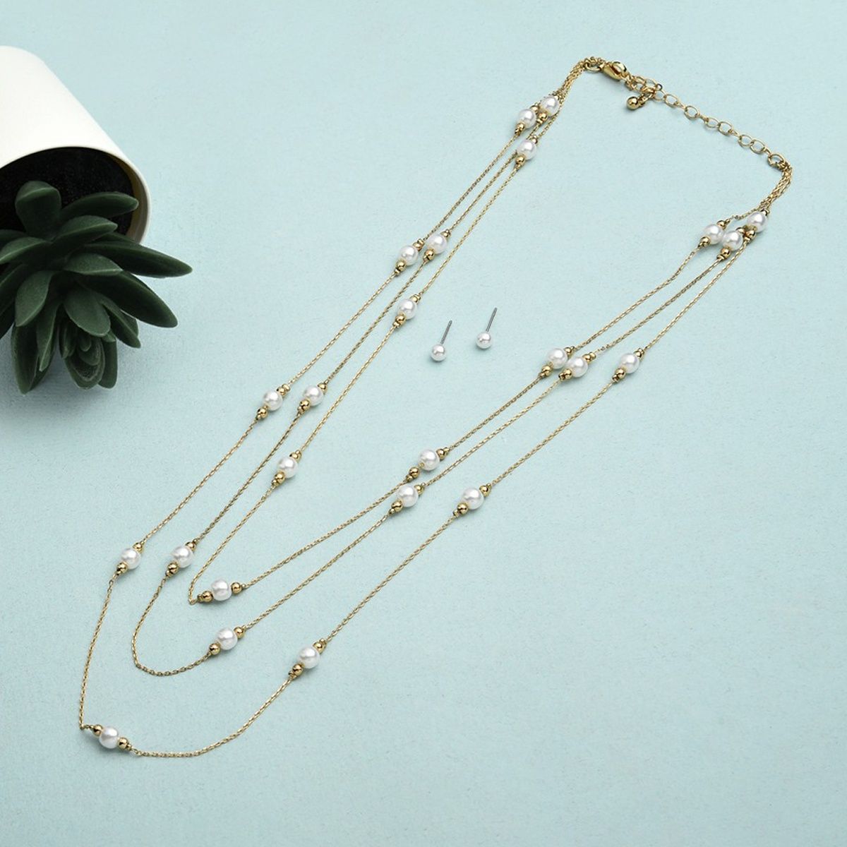 Buy Zaveri Pearls Gold Tone Contemporary 3 Layers Pearl Necklace & Stud