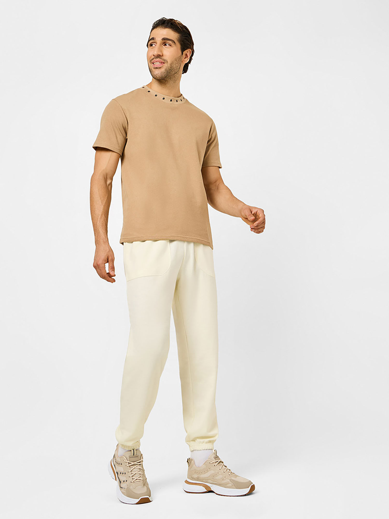 Buy Styli Mens Cream Cotton Blend Oversized Terry Joggers Online
