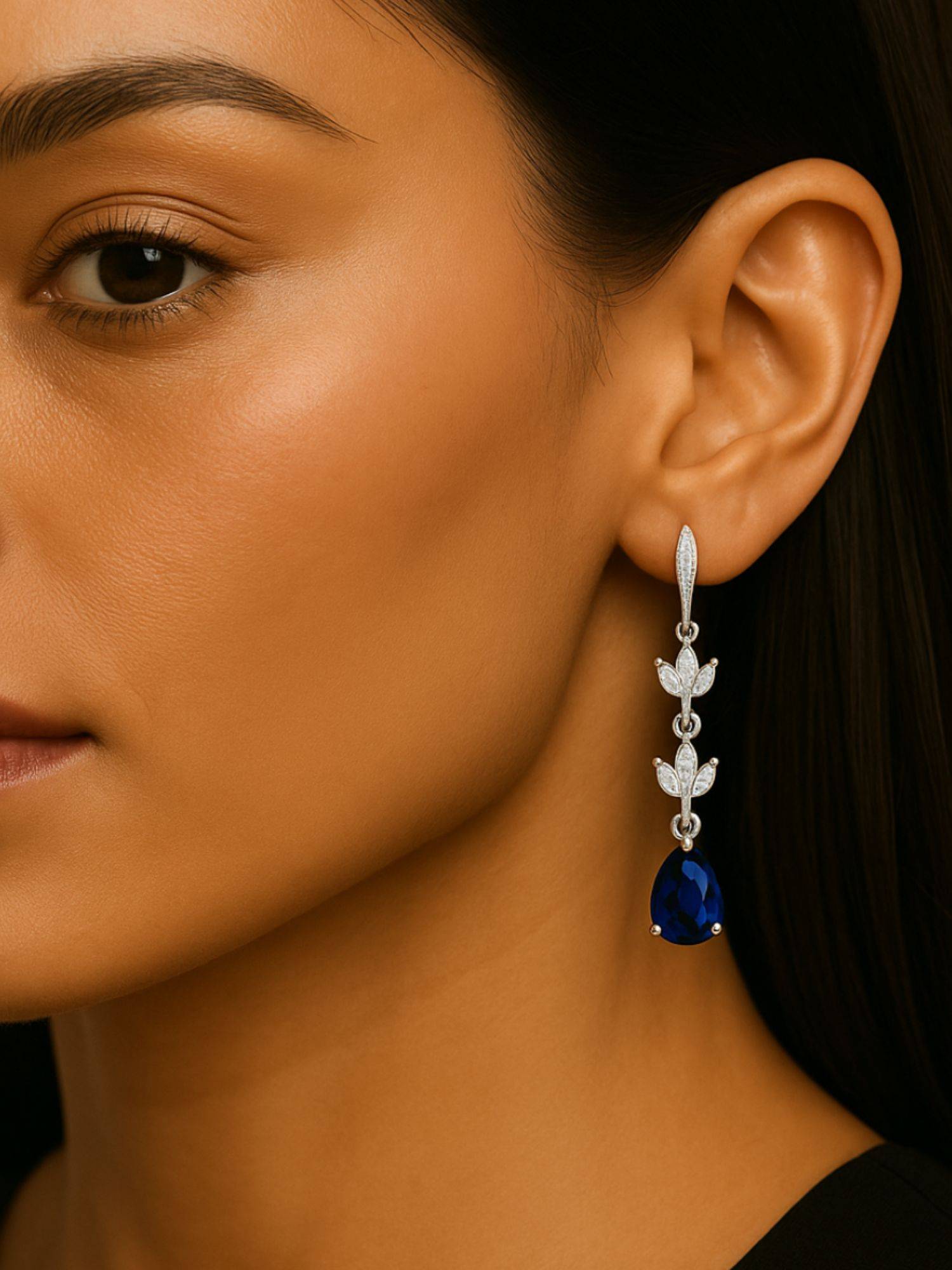 I Jewels Silver Plated Blue Cubic Zirconia American Diamond Drop Earrings