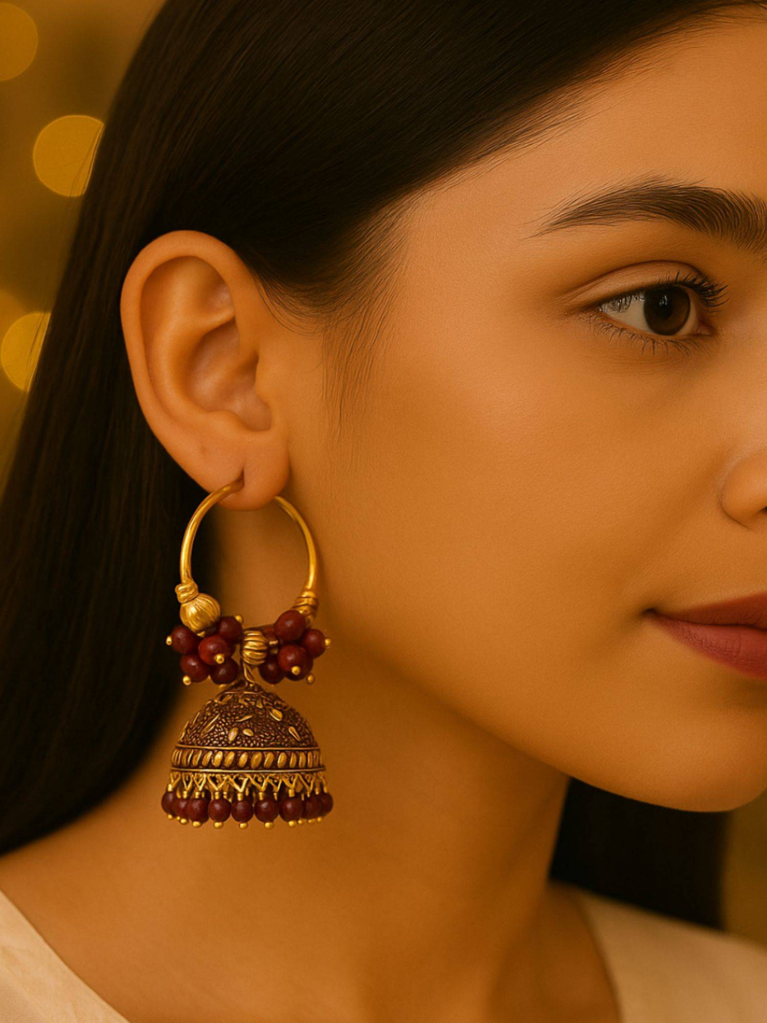 I Jewels Maroon and Gold-Plated Beaded Traditional Jhumkas Earrings