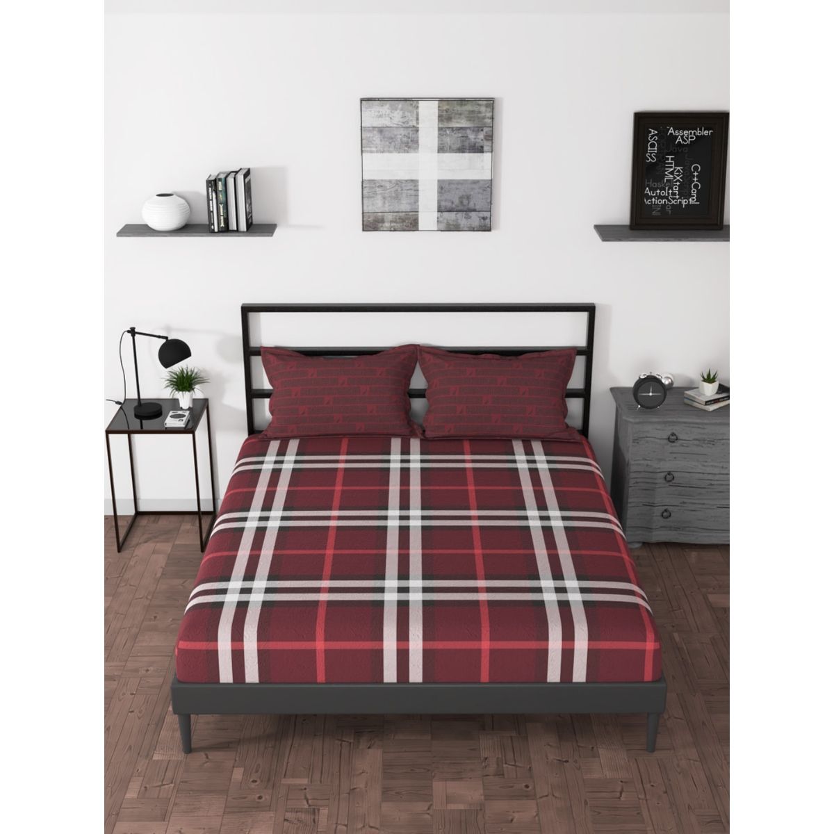 Buy Nautica Cotton King Bedsheet with 2 Pillow Covers -3Pc Set Checks-Red  Online
