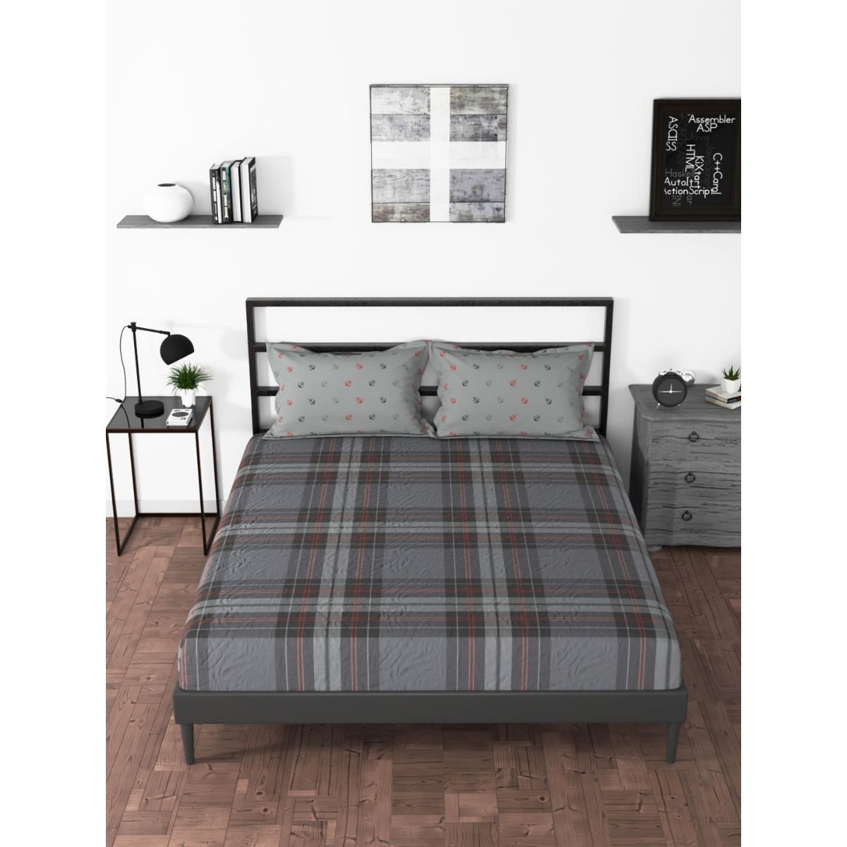 Buy Nautica Cotton King Bedsheet with 2 Pillow Covers -3Pc Set Checks-Grey  Online