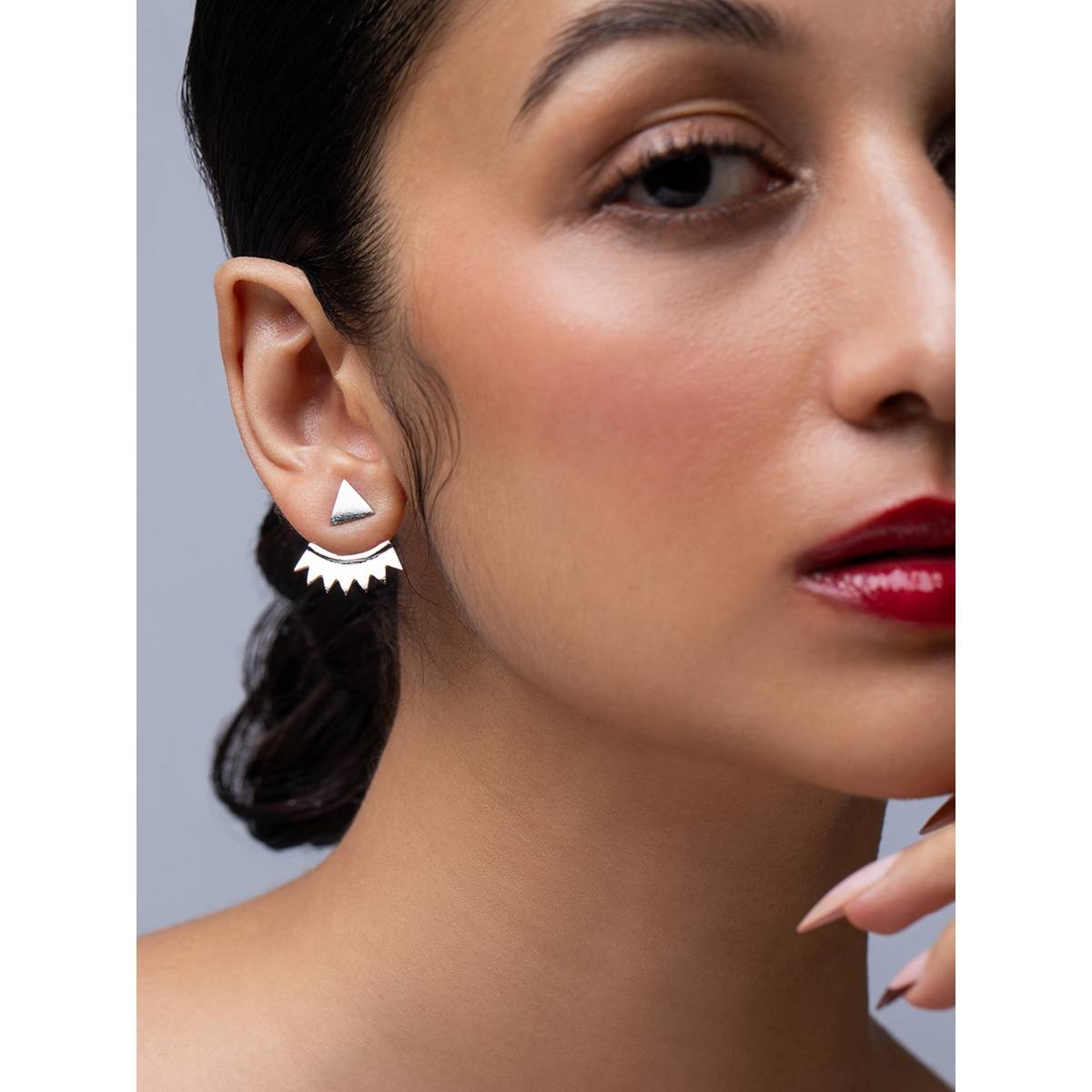 Ethnic Andaz Silver Triangular Jacket Earrings -Silver