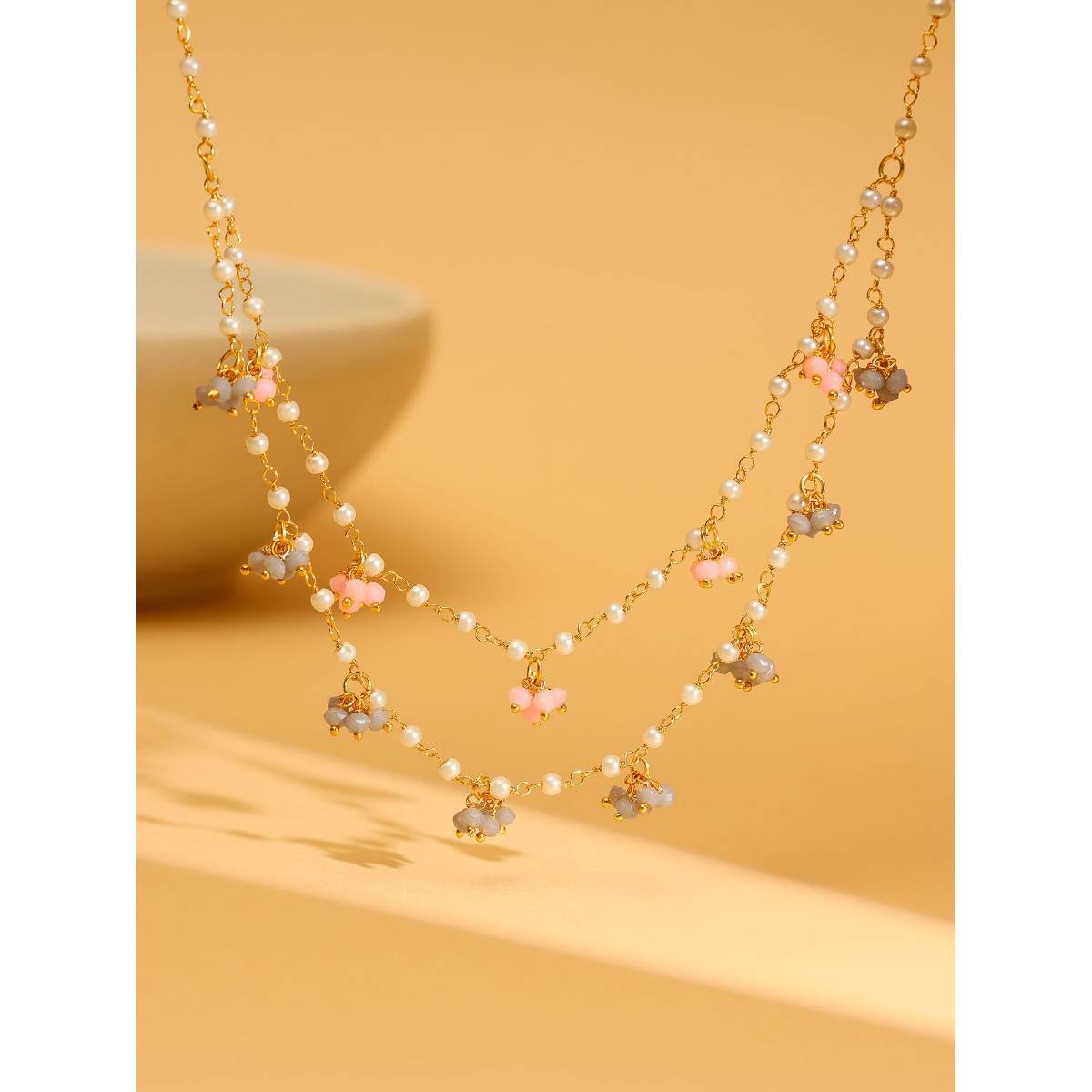 Ruby Raang Studio Beaded Pearl Necklace With Grey & Pink Colourful Motifs -White