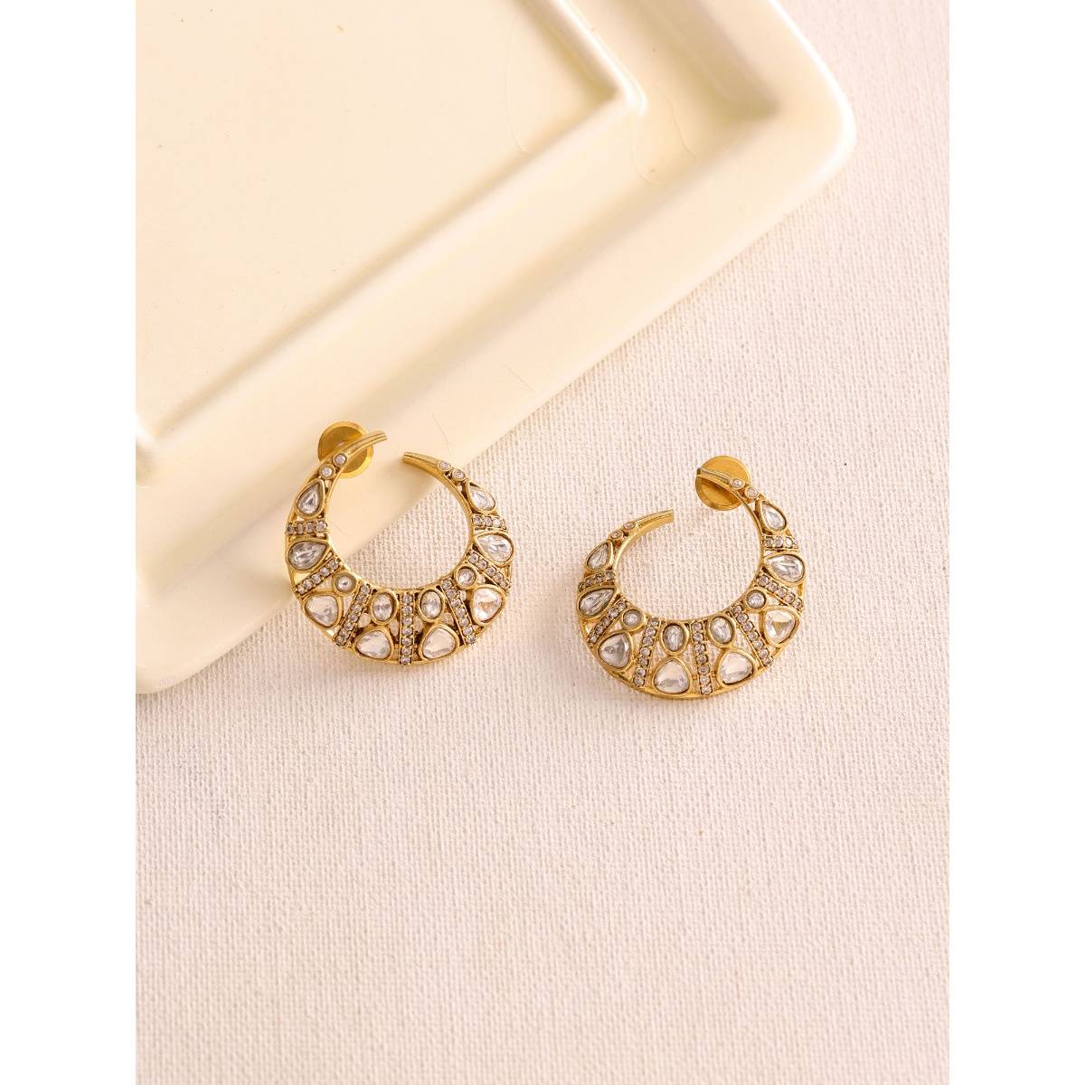 Ruby Raang Studio Moissanite Gold Plated Round Earrings -White