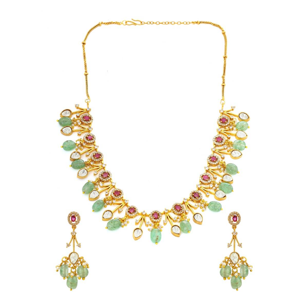 Ruby Raang Studio Natural Stones Antique Finish Earrings & Choker Necklace Set -Multi-Color